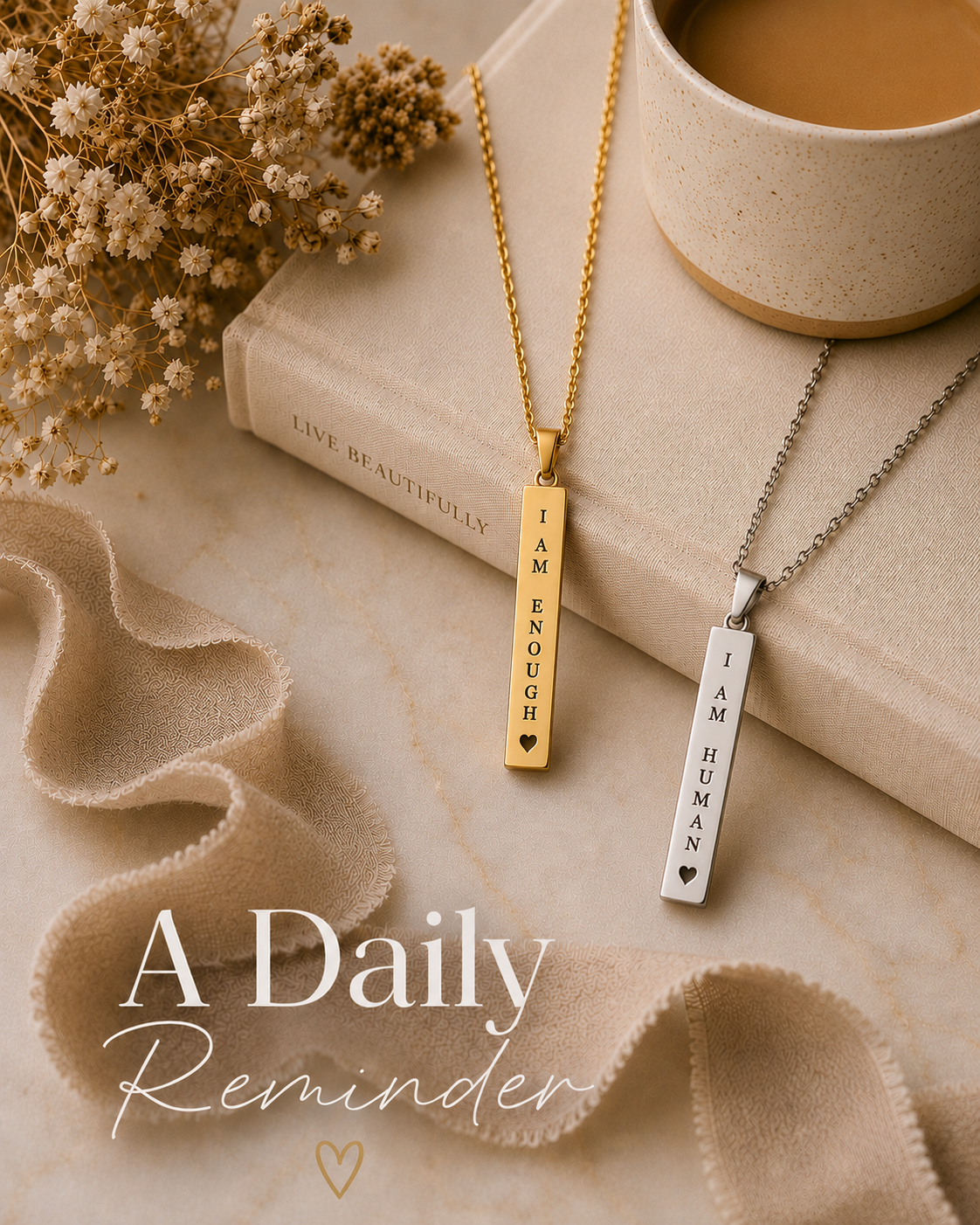 Gold and silver minimalist engraved affirmation necklaces from the Wearable Encouragement™ collection designed to inspire courage, resilience, hope, and self-love.
