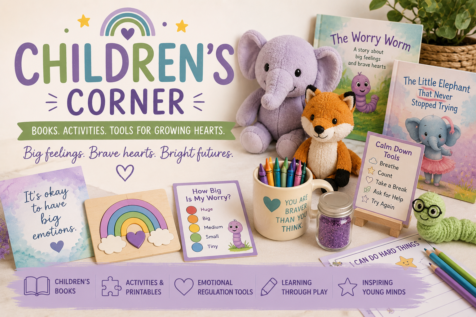 Children's books, emotional regulation activities, educational gifts, puzzles, and learning resources by Aunt Nut Studio.