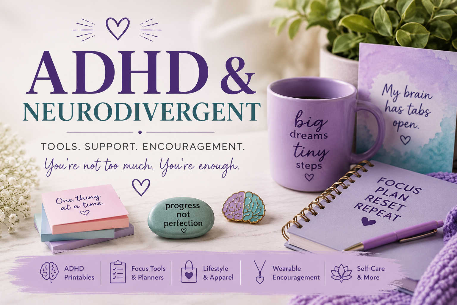 ADHD and neurodivergent gifts, printables, planners, mugs, and encouragement resources created by Aunt Nut Studio.