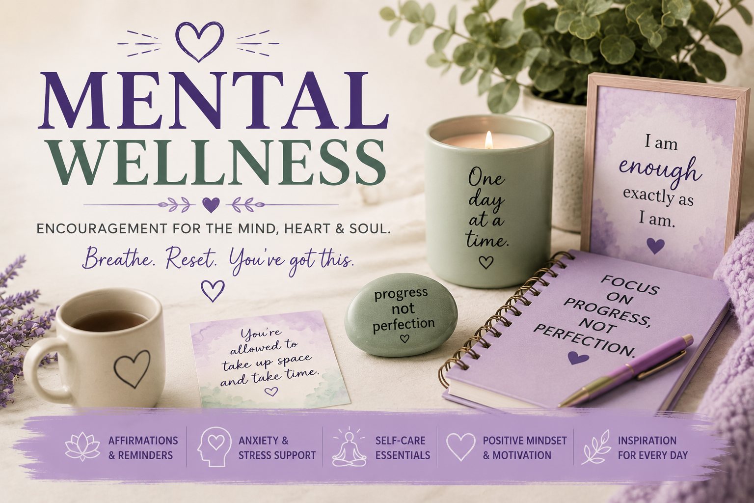 Mental wellness gifts, affirmation wall art, journals, mugs, puzzles, and self-care resources from Aunt Nut Studio.
