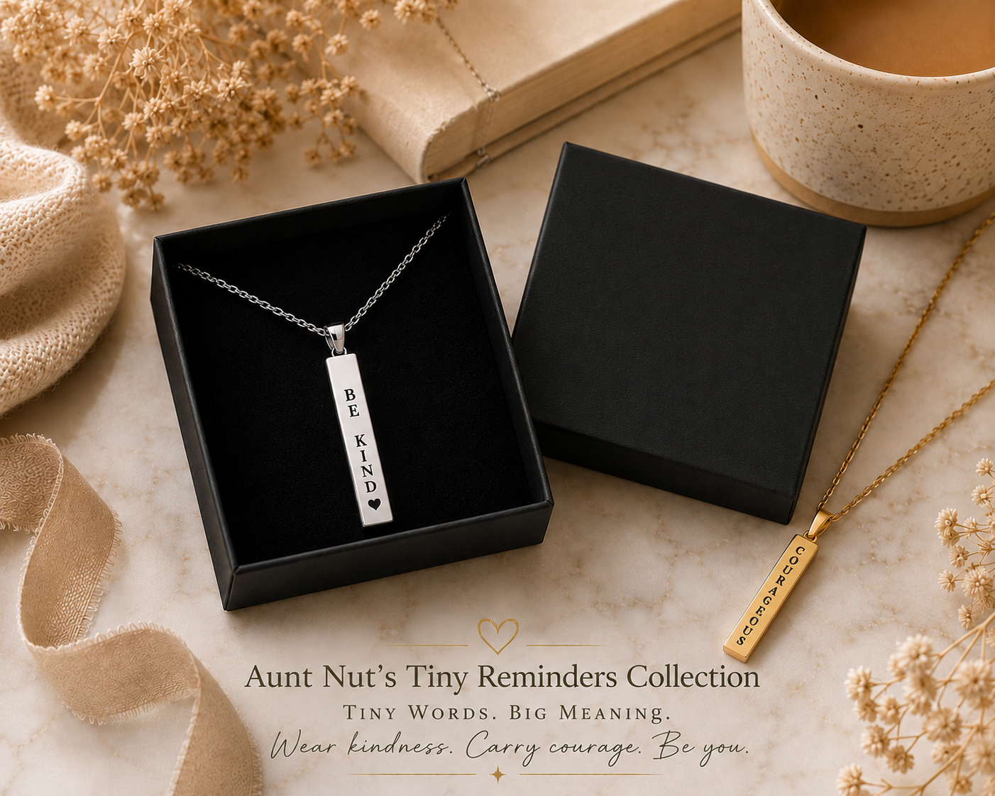 Engraved affirmation necklace presented in a premium gift box from Aunt Nut Studio's Wearable Encouragement™ collection.
