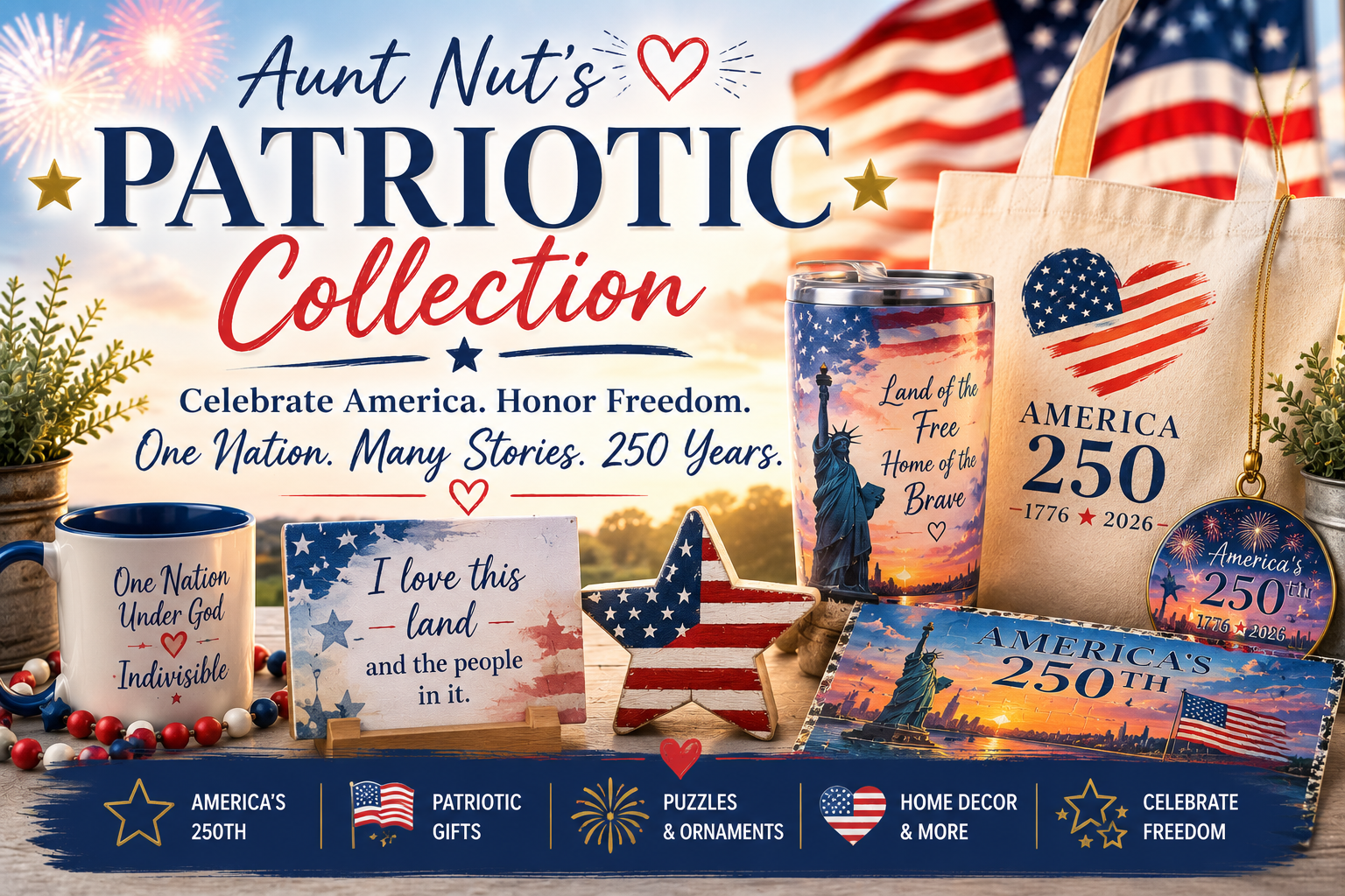 Aunt Nut's Patriotic Collection celebrating America's 250th anniversary with patriotic gifts, puzzles, ornaments, mugs, and home décor.