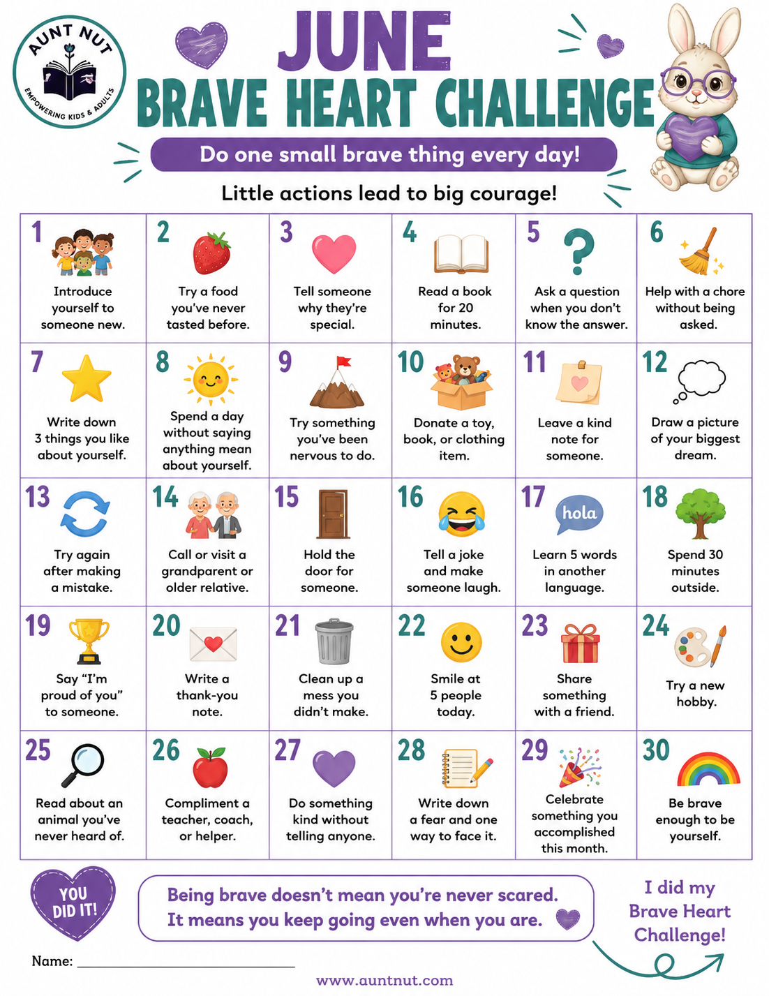 June Brave Heart Challenge calendar with daily actions for courage, featuring a bunny holding a heart, a purple heart, and a purple ribbon logo of Aunt Nut.