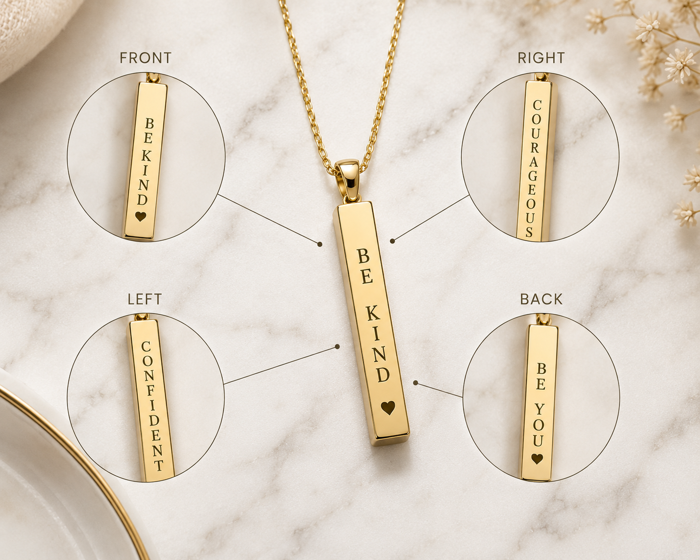 Four-sided engraved affirmation necklace showing inspirational words including Be Kind, Courageous, Confident, and Be You.