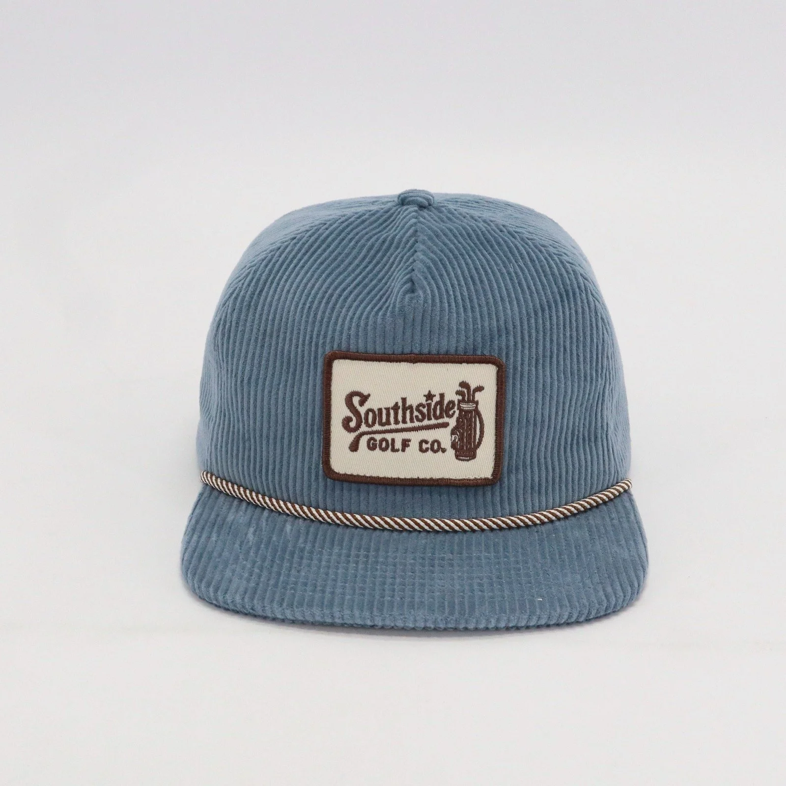 Southside Golf Co blue corduroy 5 panel golf hat clean front view Austin Texas