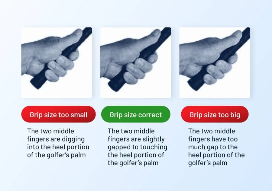 A properly fitted golf grip allows your fingertips to lightly touch the palm without digging in or leaving a large gap.