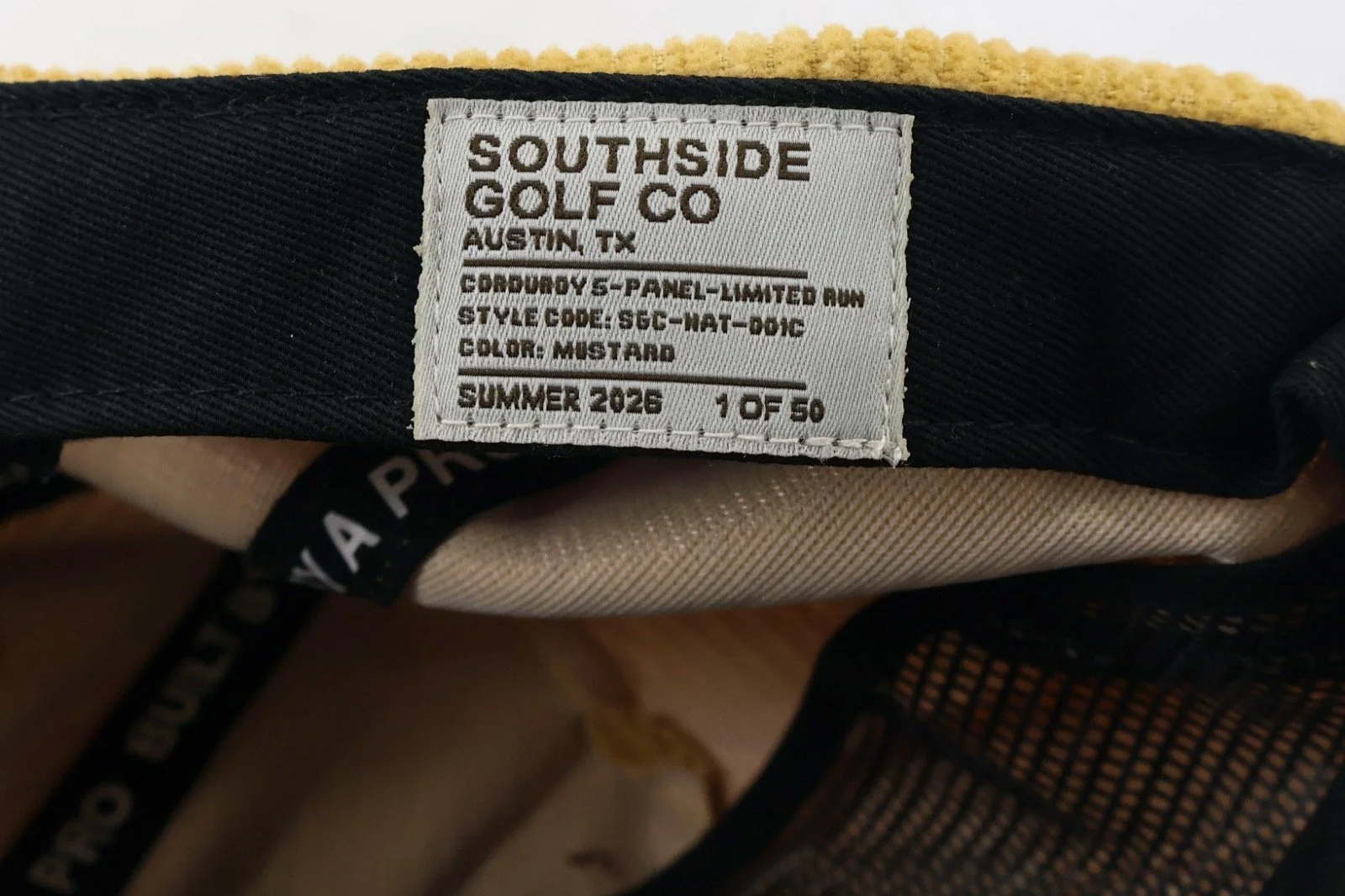 Interior sweatband, embroidery and construction details inside a Southside Golf Co hat