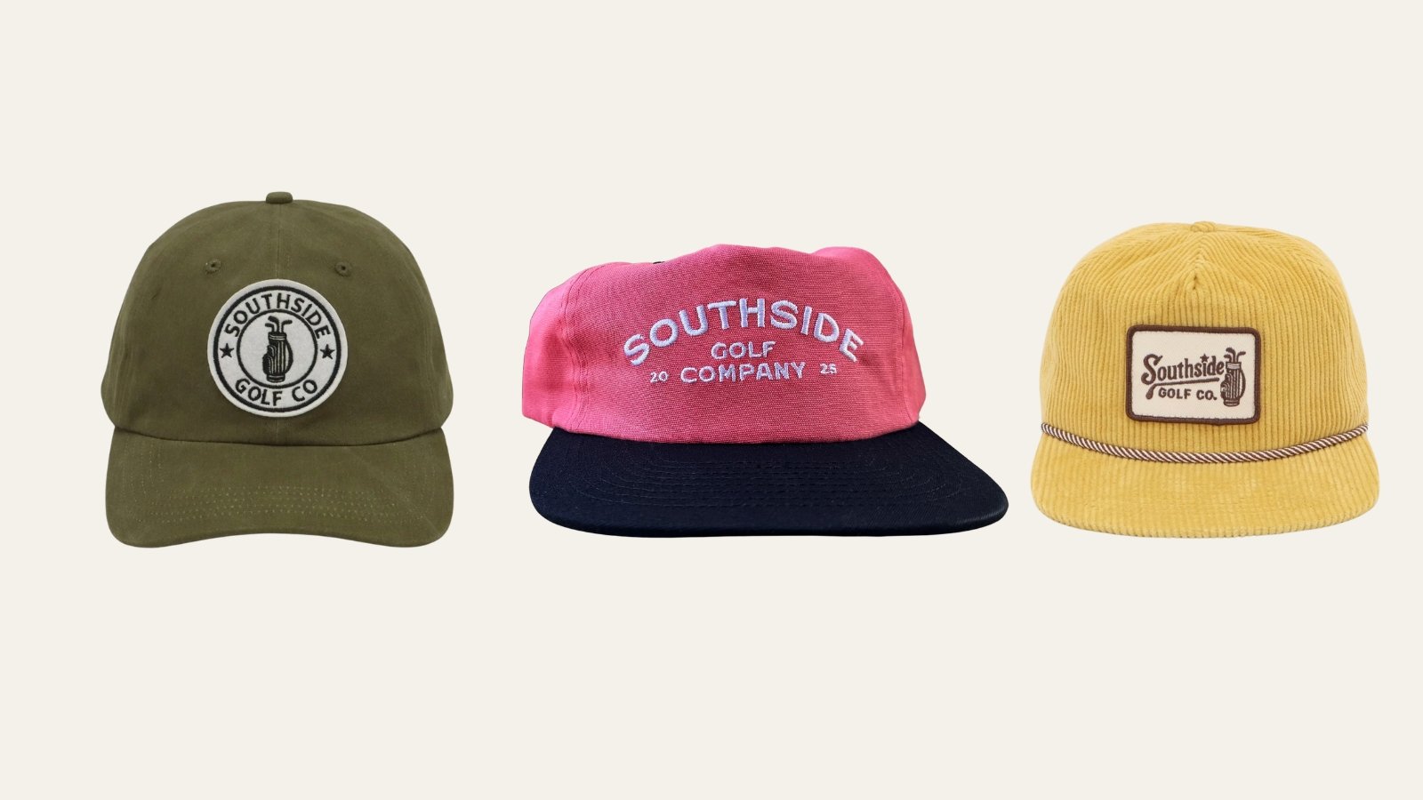 Southside Golf Co limited-run dad hat, 5-panel golf hat, and corduroy golf hat
