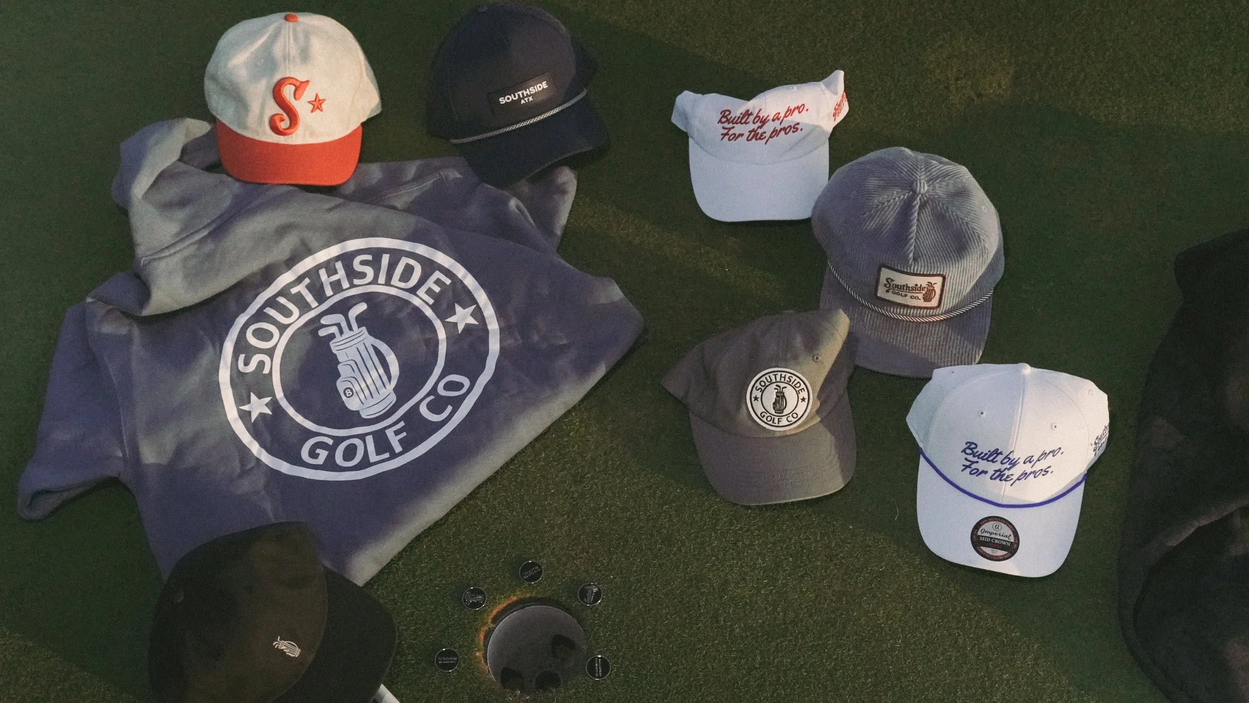 Premium Southside Golf Co golf hats, hoodies, and apparel displayed at Southside Golf Co in South Austin, Texas.
