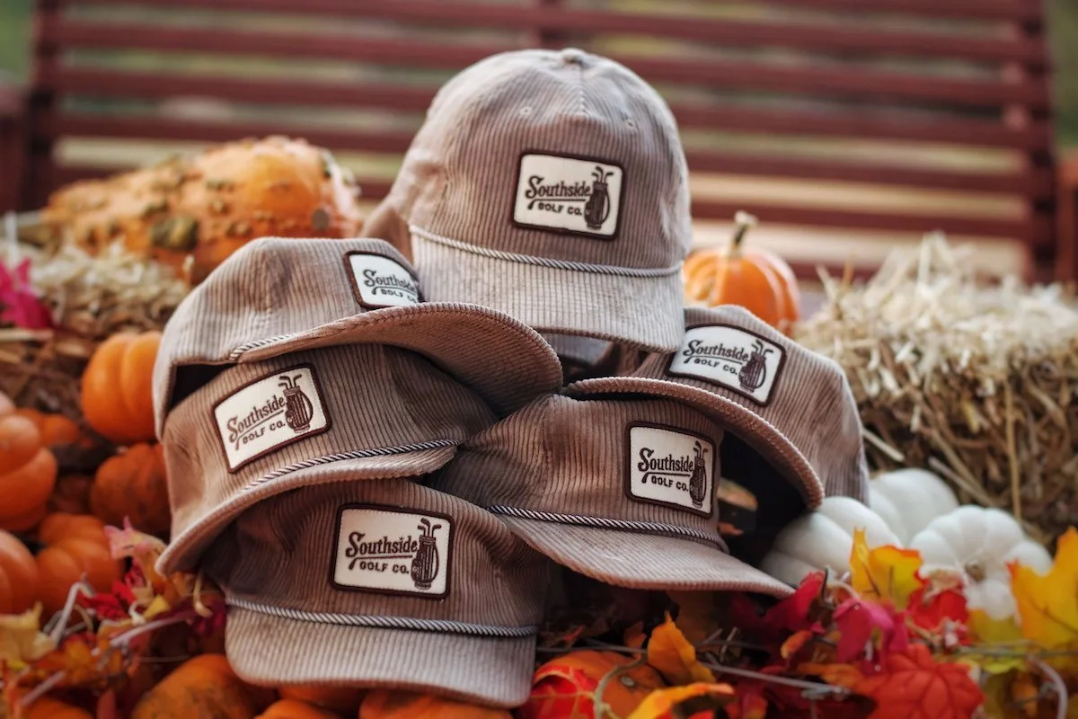 Southside Golf Co corduroy golf hats stacked with fall styling