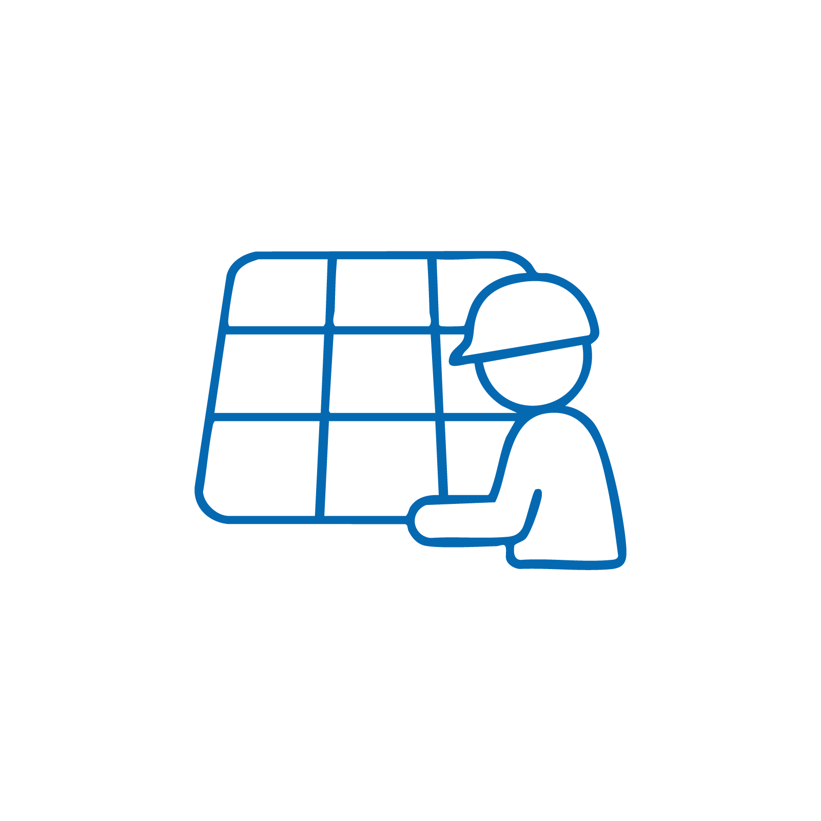 Line drawing of a person wearing a cap, sitting at a table with a grid pattern, in a blue outline style.