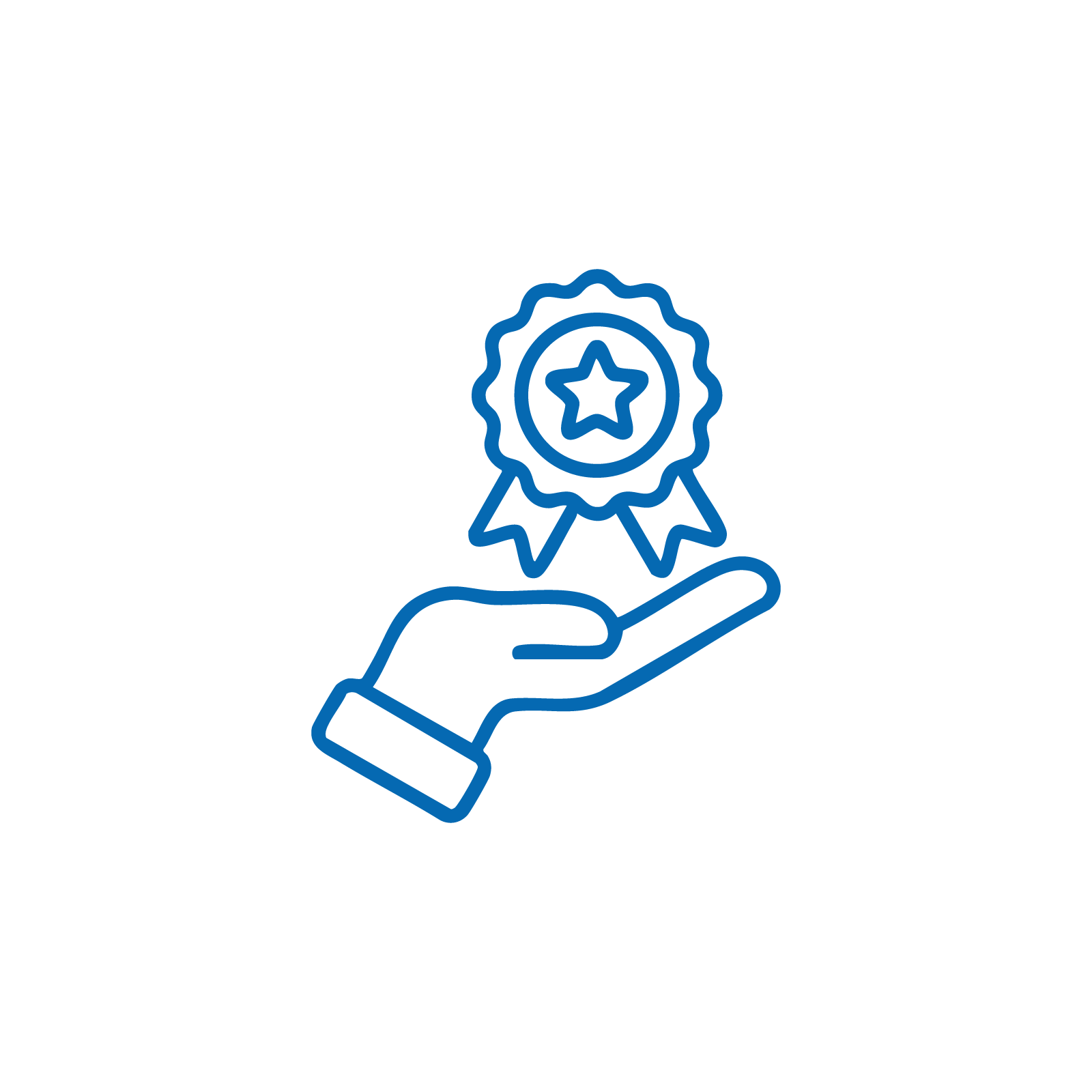 Outline of a hand holding a badge with a star in the center, representing achievement or award.
