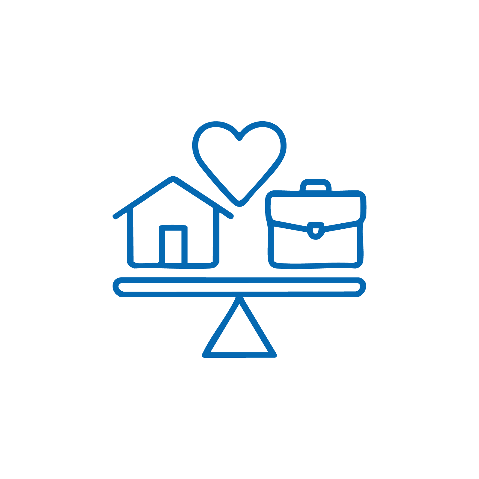 Line drawing of a seesaw with a house, a heart, and a briefcase balanced on it.
