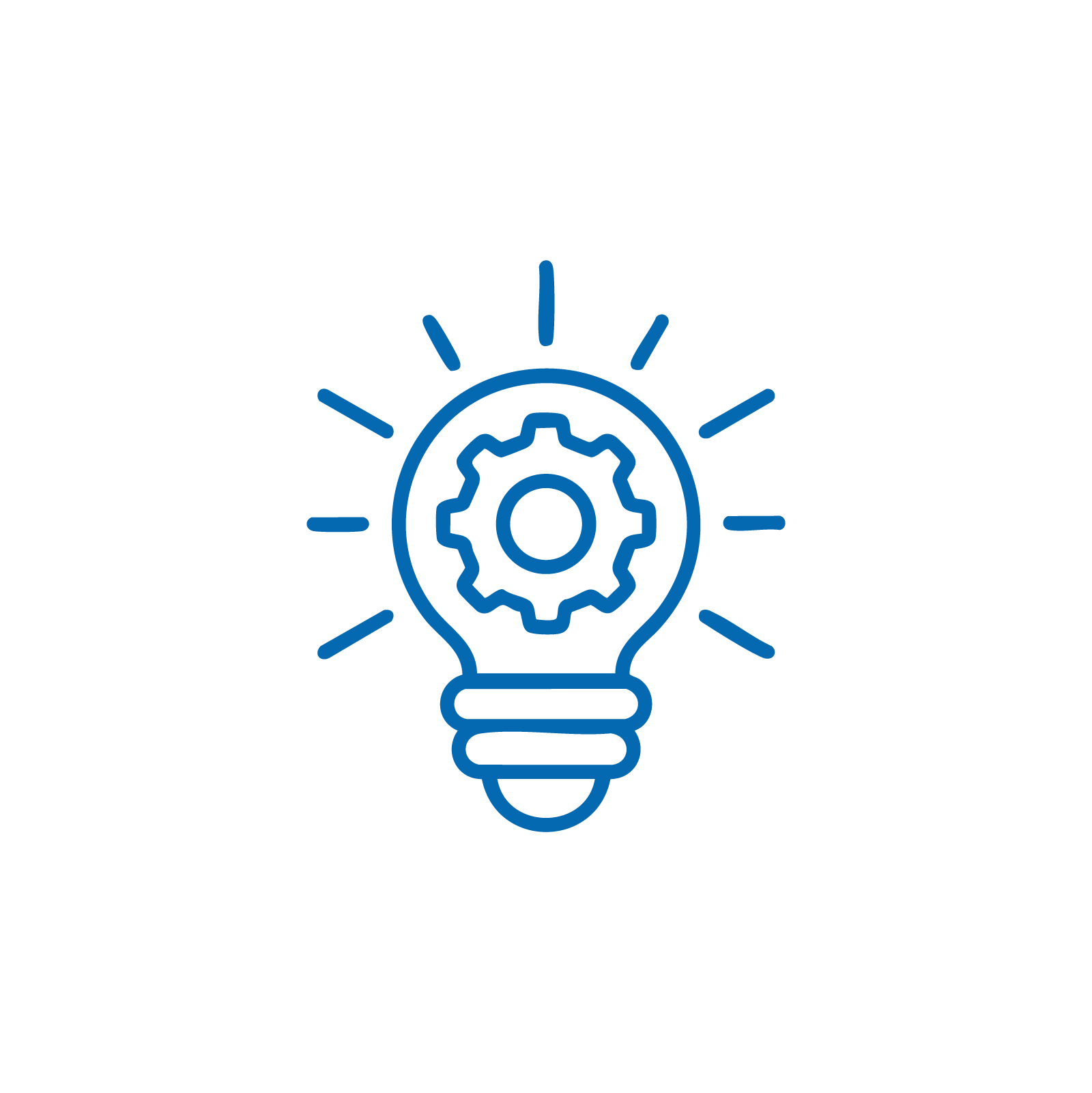 Outline illustration of a light bulb with a gear inside, symbolizing ideas and innovation, on a black background