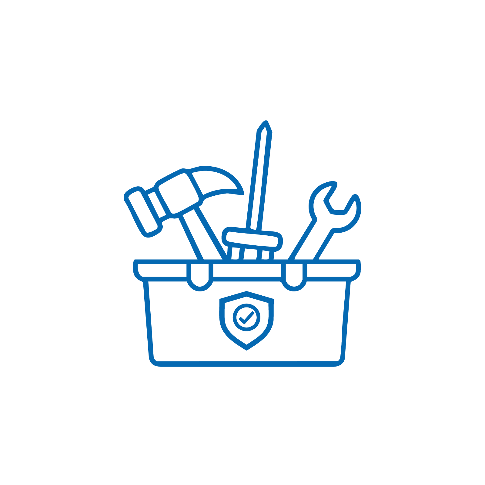 Line drawing of a toolbox containing a hammer, screwdriver, wrench, and a screwdriver, with a shield emblem on the front.