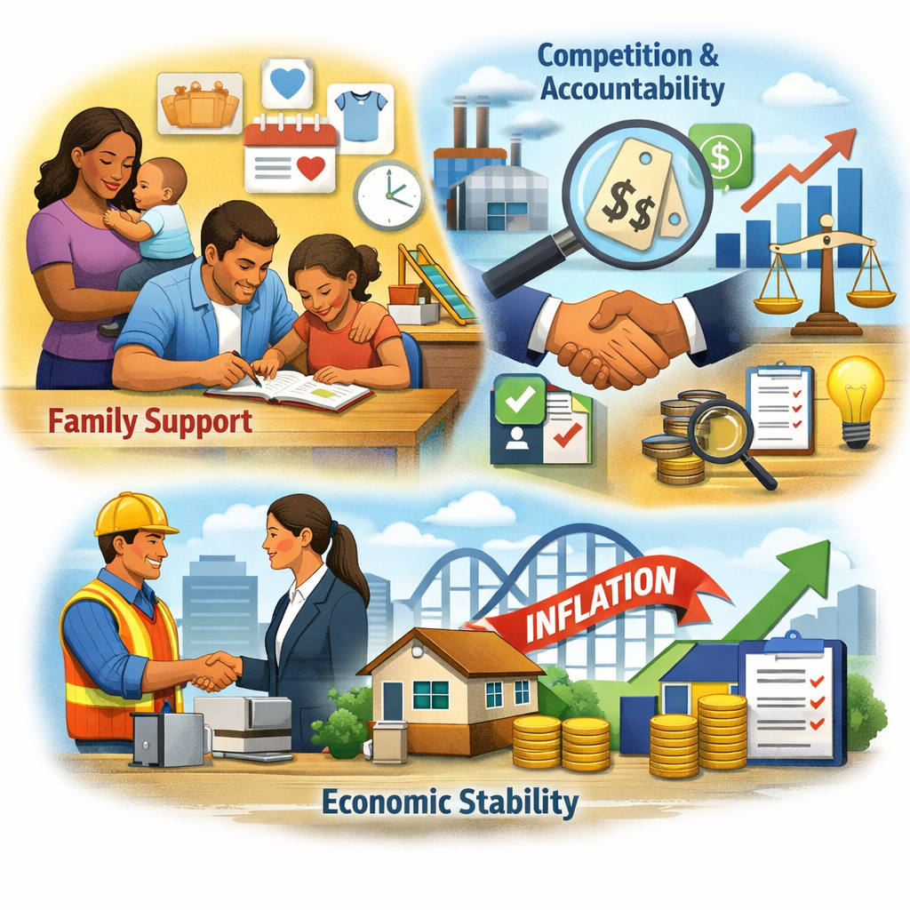 Illustration divided into three sections: The top section shows family support with a mother, father, and children, along with icons of family activities and a clock. The middle section depicts competition and accountability with a handshake, factory, financial charts, magnifying glass, and light bulb. The bottom section illustrates economic stability with a woman and a worker shaking hands, a house, coins, charts, and an inflation sign.
