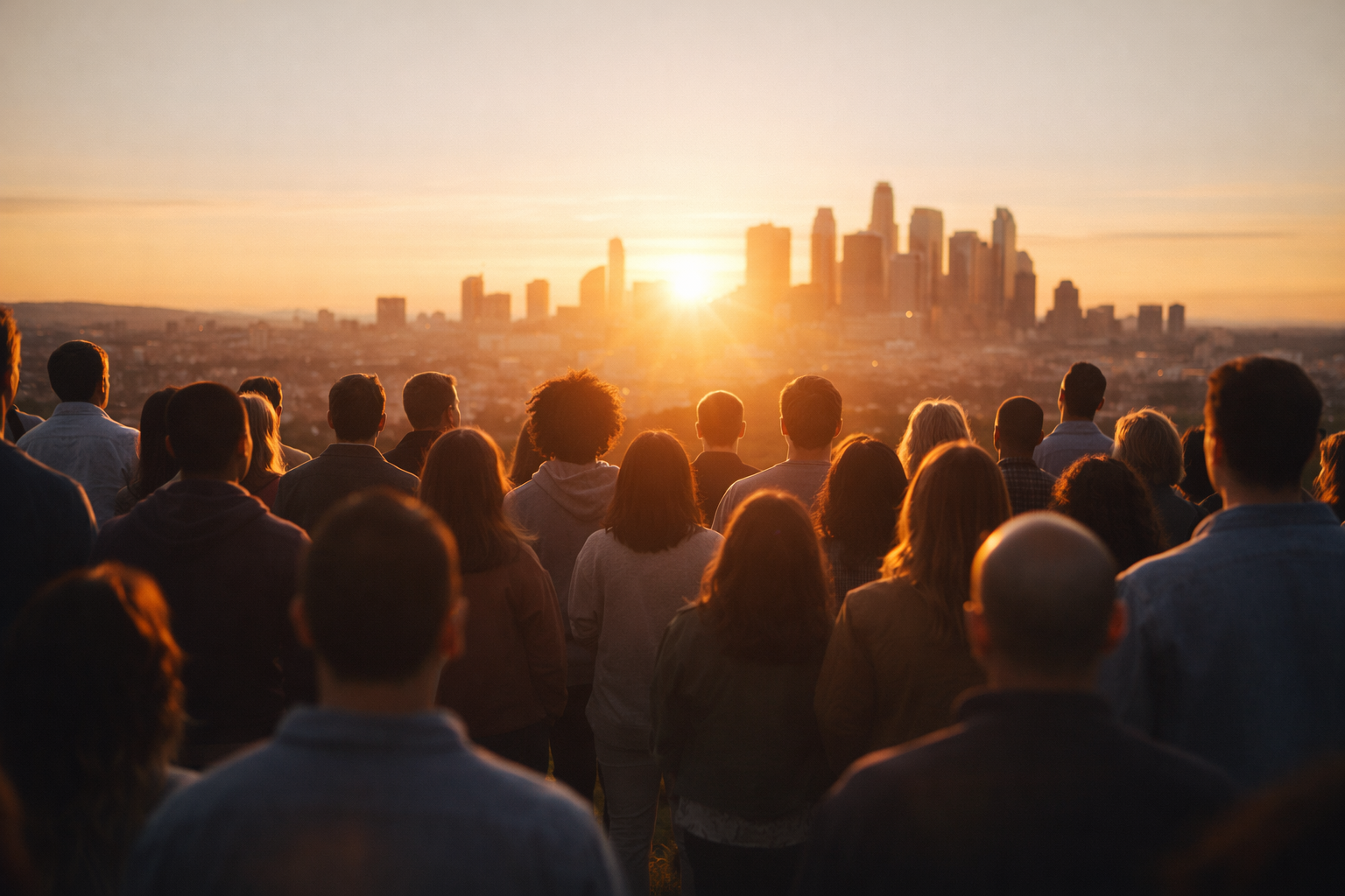 A group of people watching a sunset over a city skyline.