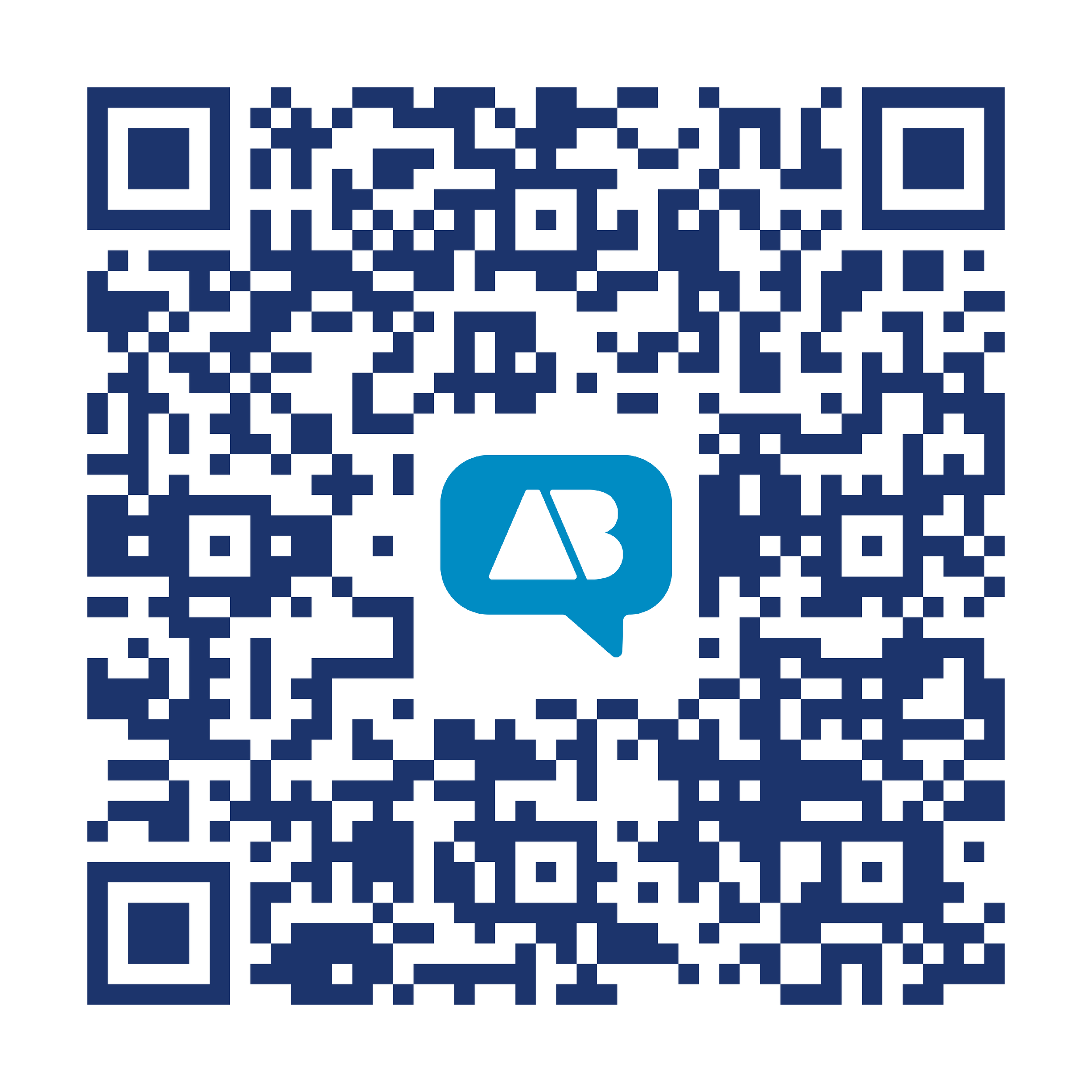 A QR code with a blue and white logo in the center.