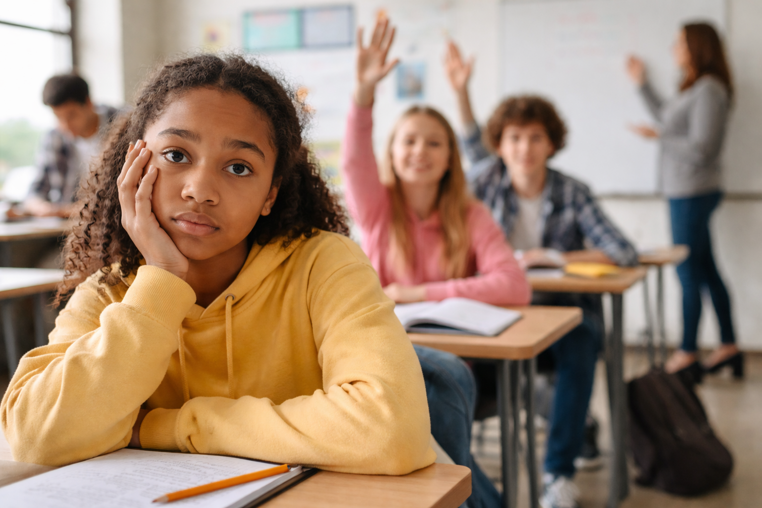 A girl in a yellow hoodie sitting at a desk with her head resting on her hand in a classroom, looking thoughtful. In the background, other students are raising their hands and a teacher is standing near the whiteboard.