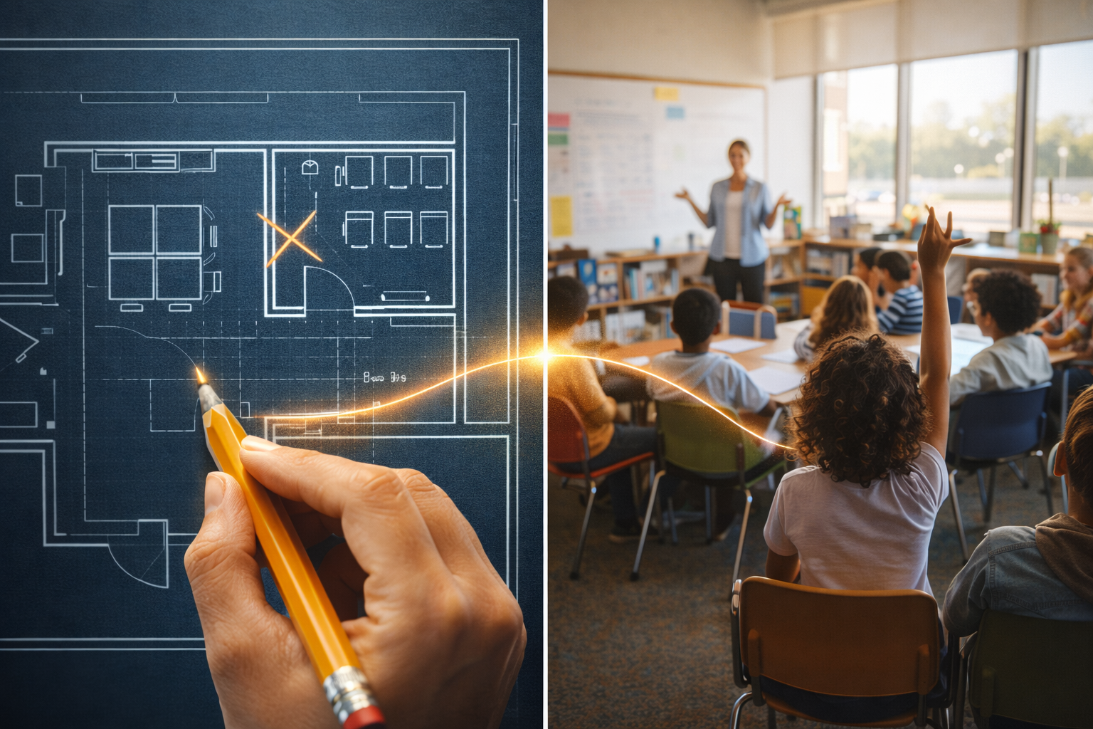 A split image with a blueprint of a building on the left and a classroom with young students and a teacher on the right. The blueprint shows a hand holding a pencil, drawing lines, with glowing lines connecting to the classroom scene.