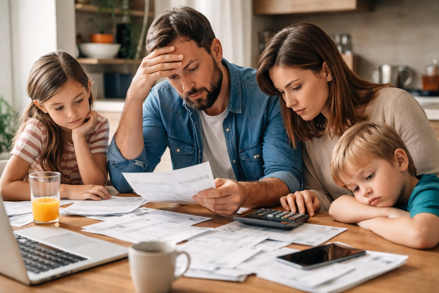 Family stressed over finances, sitting at a table with bills, calculator, laptop, phone, and orange juice.