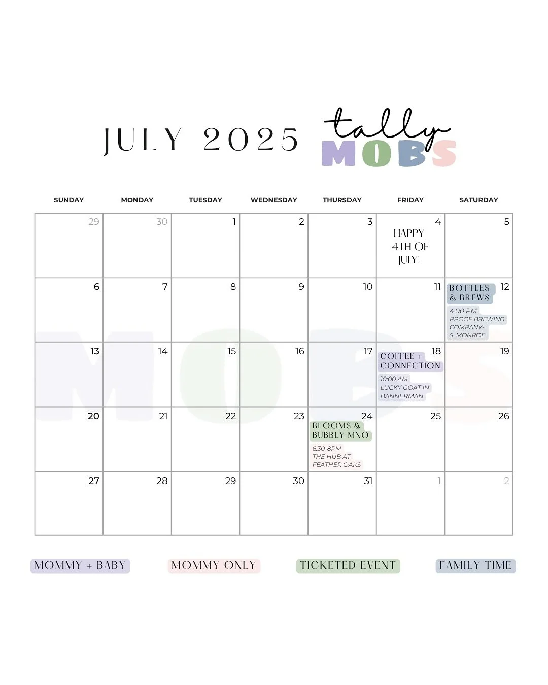 HELLO JULY 🇺🇸

We have 3 great events this month, 2 of which have been highly requested!! 

👉 Saturday, 7/12 at 4pm- Join us for our first ever Family &ldquo;Social Hour&rdquo; event, Bottles &amp; Brews, at Proof Brewing Company- South Monroe! Or