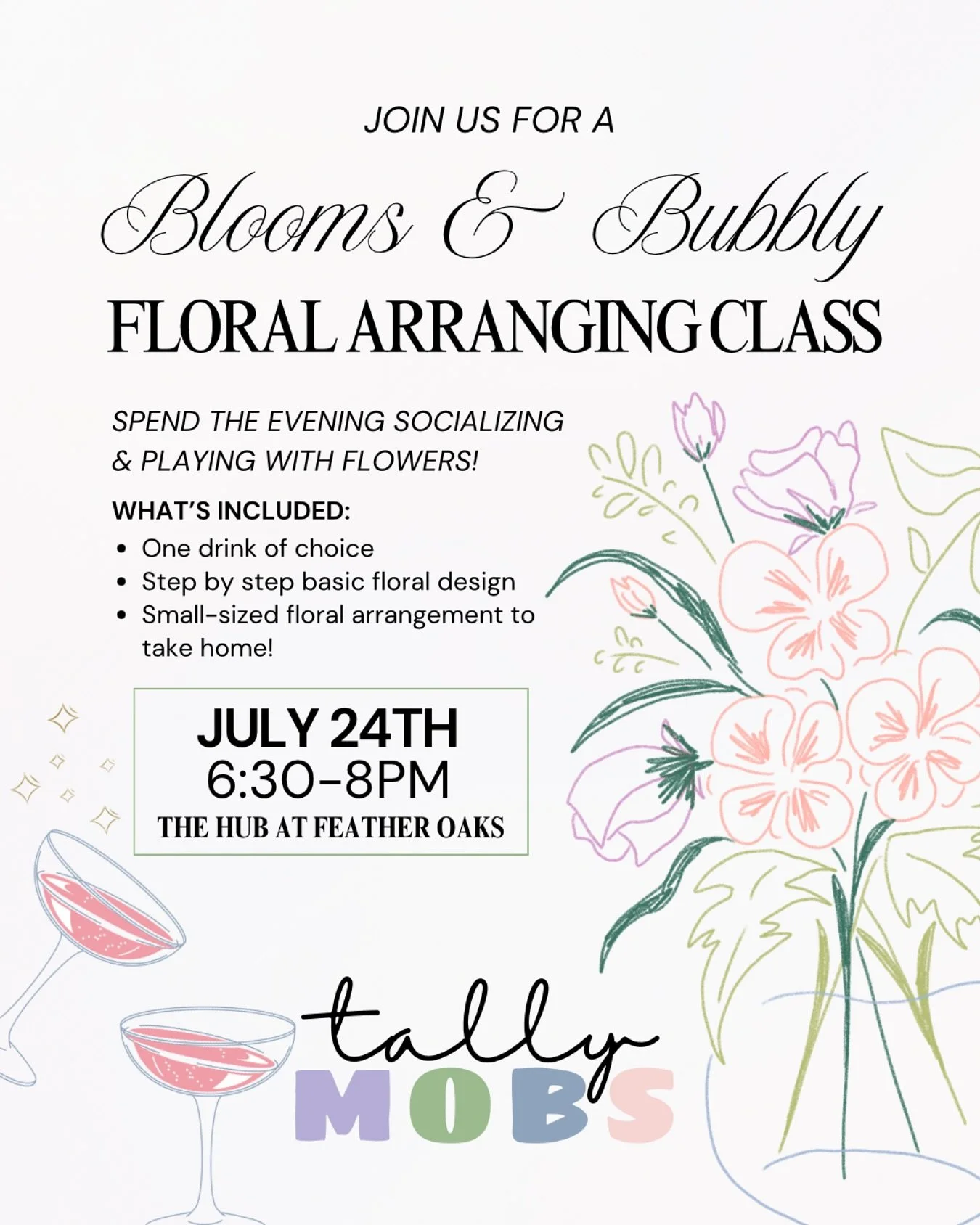 Join us for a &ldquo;Blooms &amp; Bubbly&rdquo; Floral Arranging Class! Spend the evening socializing with fellow mamas &amp; playing with flowers.🌼🥂

These go quickly, so if you&rsquo;d like to join us, secure your spot today! Tickets are $35/pers