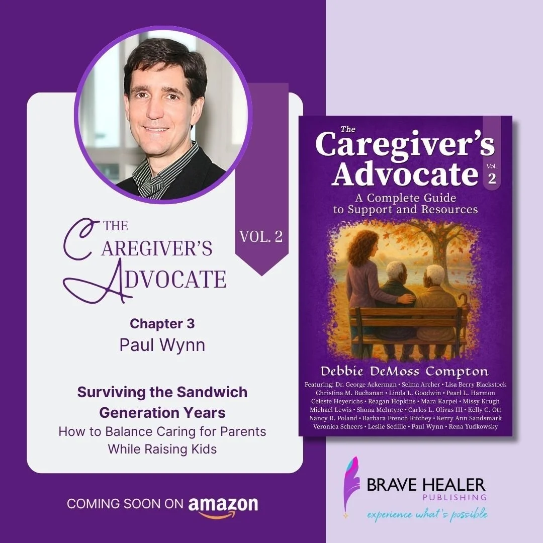 Cover of a book titled "The Caregiver's Advocate, Vol. 2," featuring a woman and an elderly man sitting on a park bench under a tree during sunset. The book is authored by Debbie DeMoss Compton and the publisher is Brave Healer Publishing. The cover has a purple background and includes an inset photo of a man in a suit.