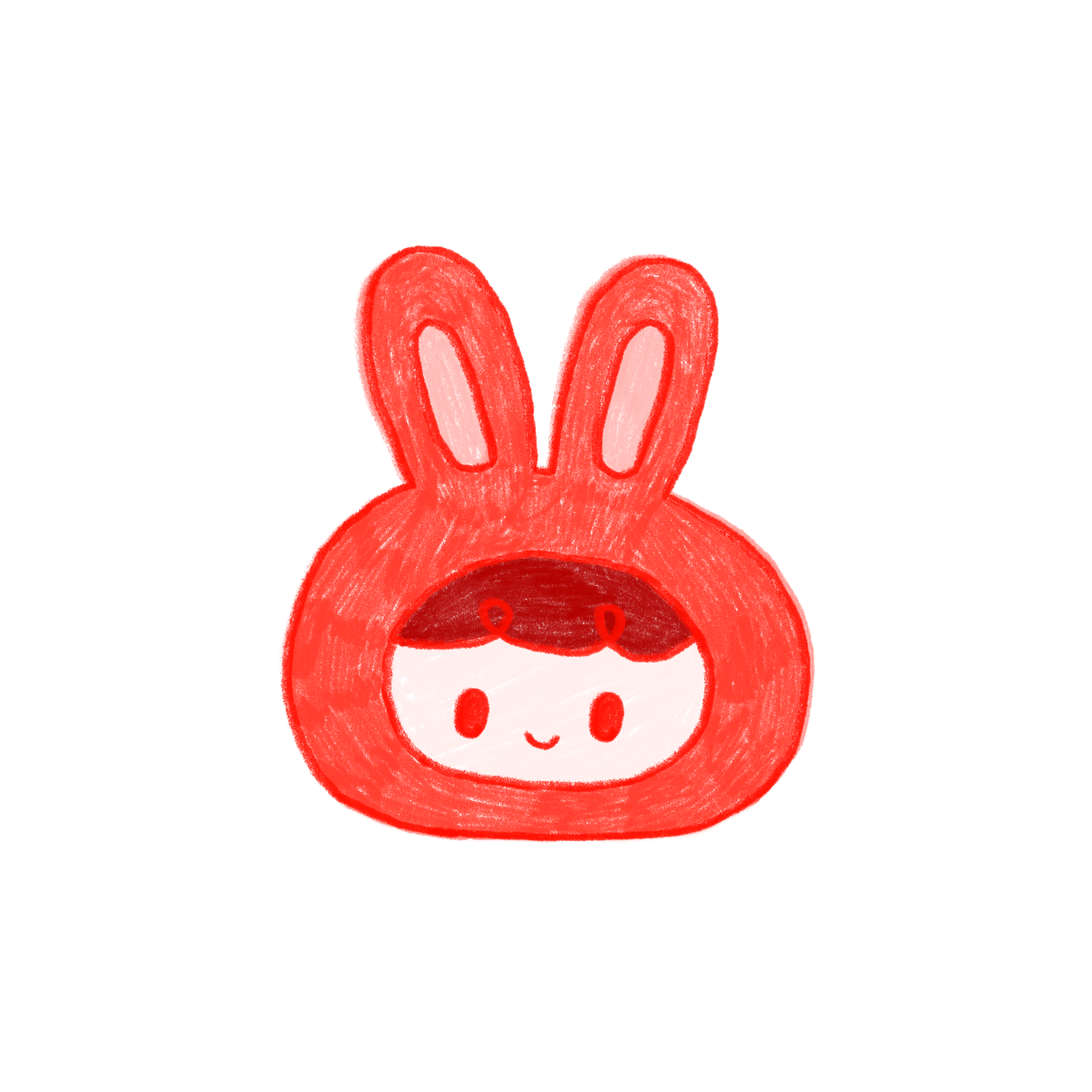 A drawing of a character with a face inside a bunny-shaped hood, featuring upright bunny ears, set against a divided background with black on the left and red on the right.