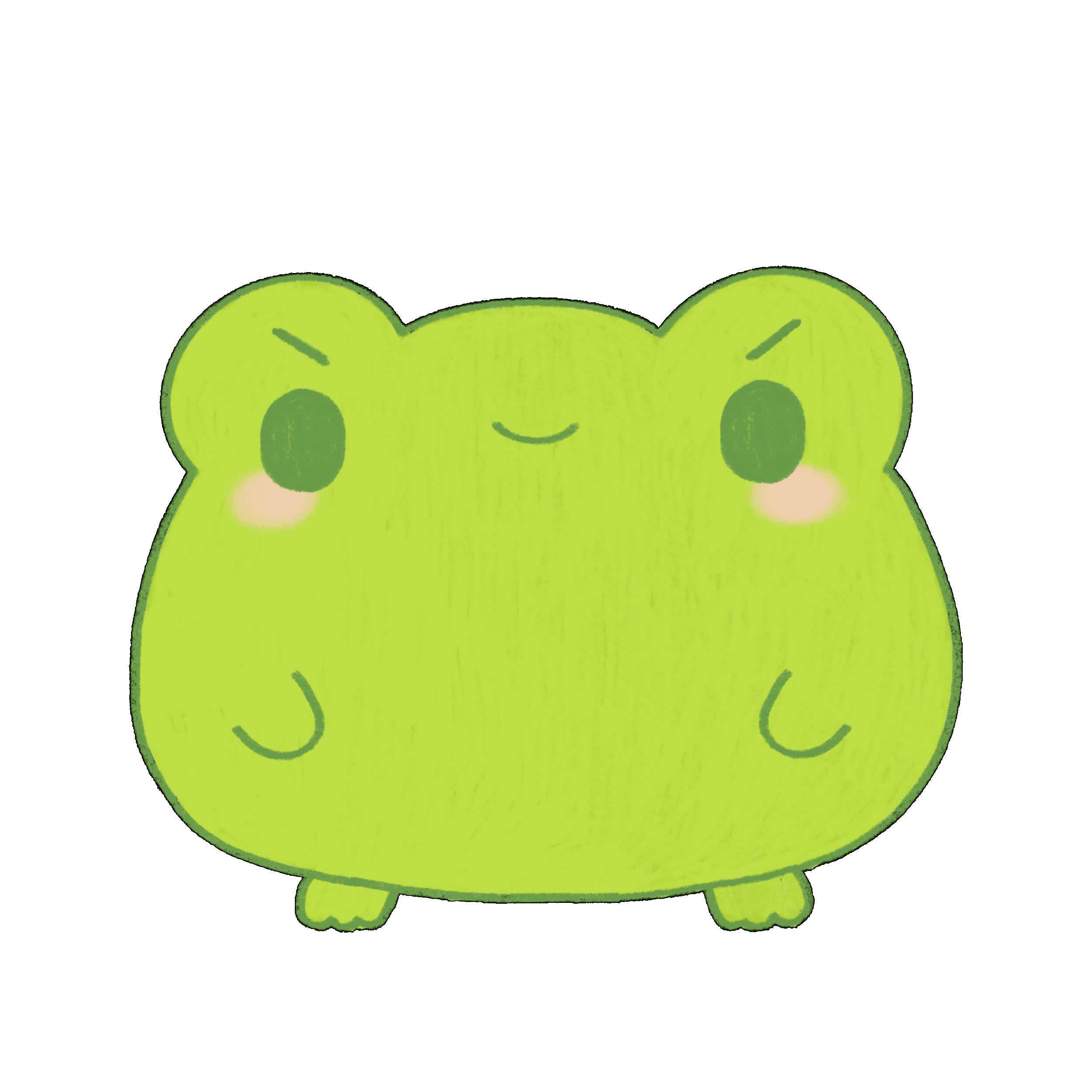 Cute, cartoon-style green frog with large eyes, blush on cheeks, and a small smile, set against a black background.