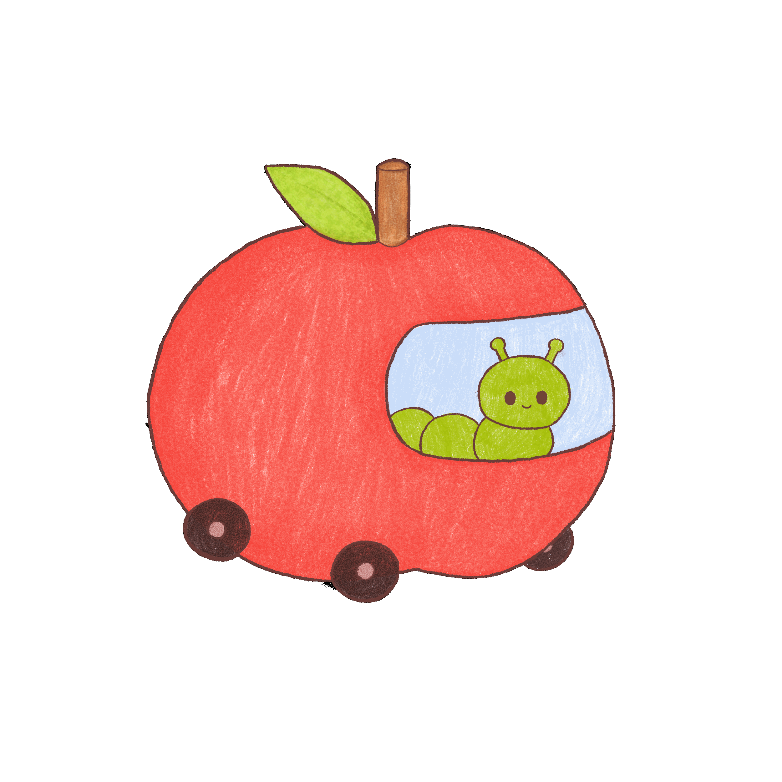 Cute illustration of an apple-shaped toy with a window showing a green caterpillar inside, set on a black background.