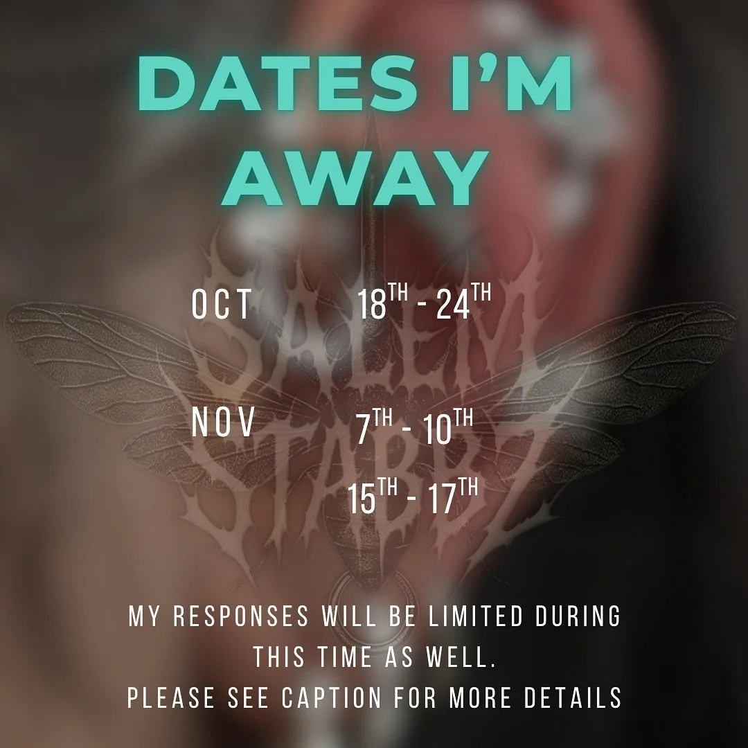 Hey lovely friends! 
Peek the days I will be away over the coming weeks as I will be back and forth from Sydney for some exciting stuff!!
🔜19th-24th Oct - Sydney siding for @safepiercing_aupp Third Annual AUPP conference 
🔜7th-10th Nov - Sydney