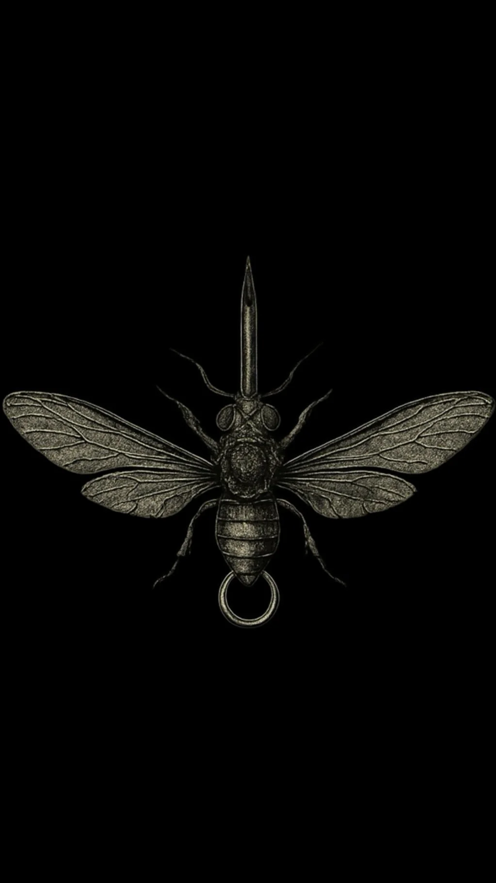 A black and white illustration of a bee with wings and body detailed, hanging from a ring attached to its abdomen.