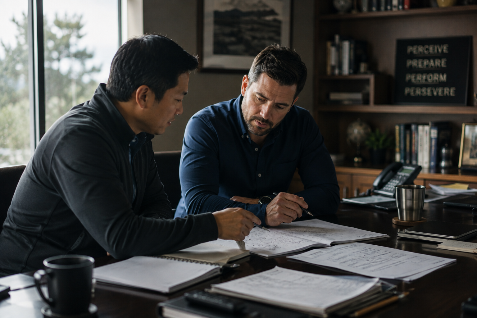 Two professionals reviewing security assessment documents