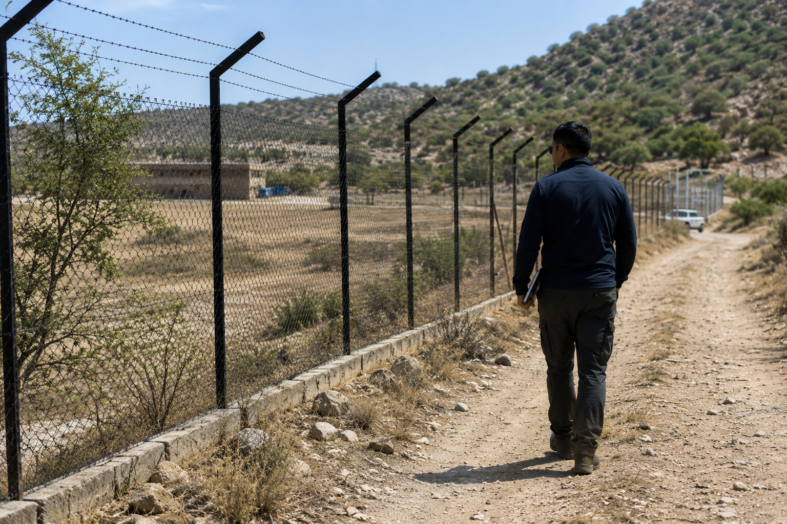 A man walking along a dirt path next to a tall security fence in a dry, hilly landscape.