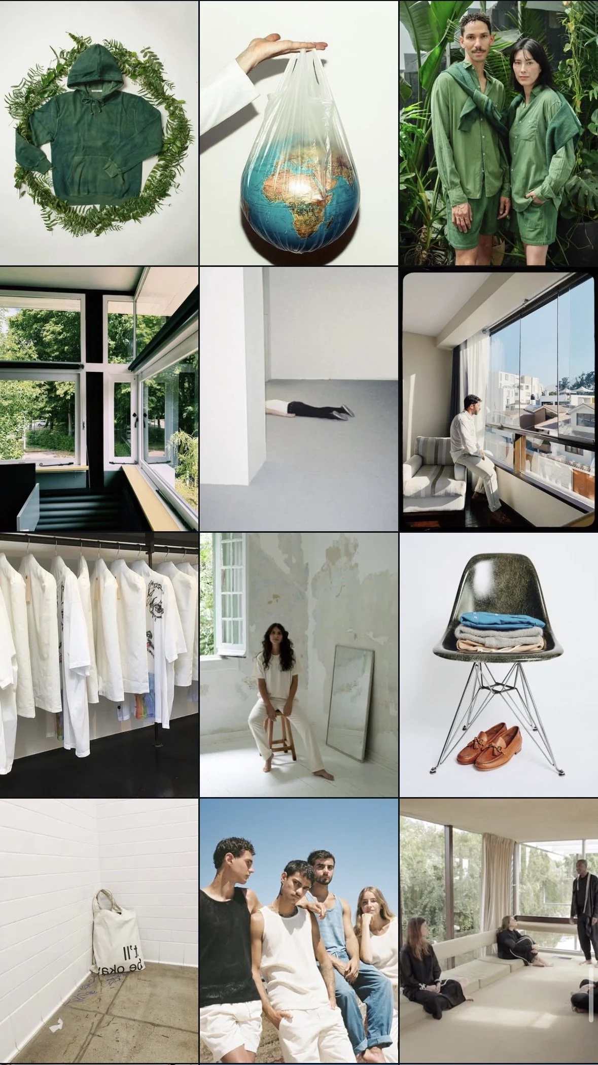 A collage of urban and natural scenes, including clothing, furniture, and people in relaxed settings, emphasizing a modern, minimalist aesthetic.