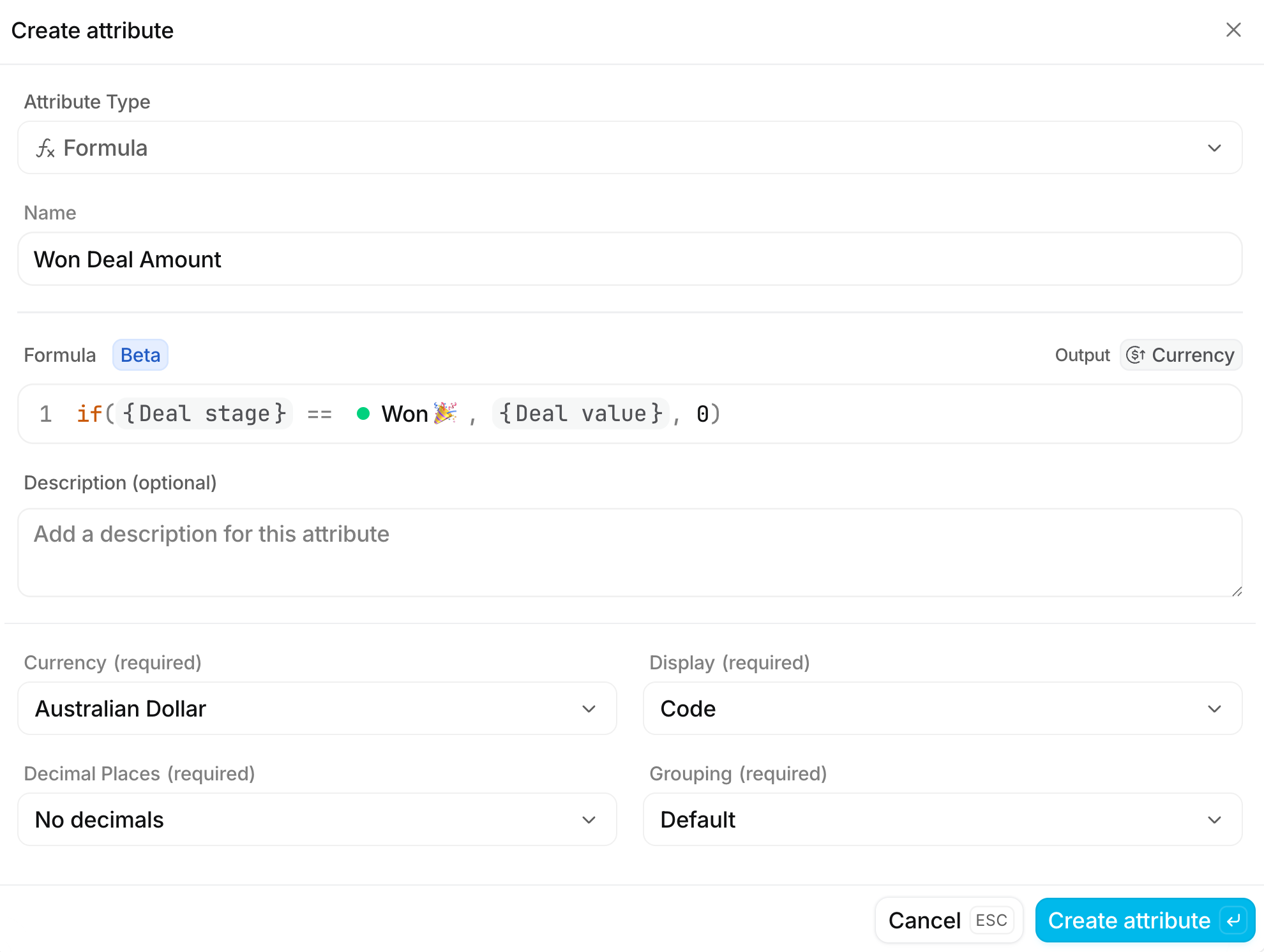 Attio Create attribute dialog showing a formula attribute named Won Deal Amount using an if statement to return deal value only when the deal stage is Won