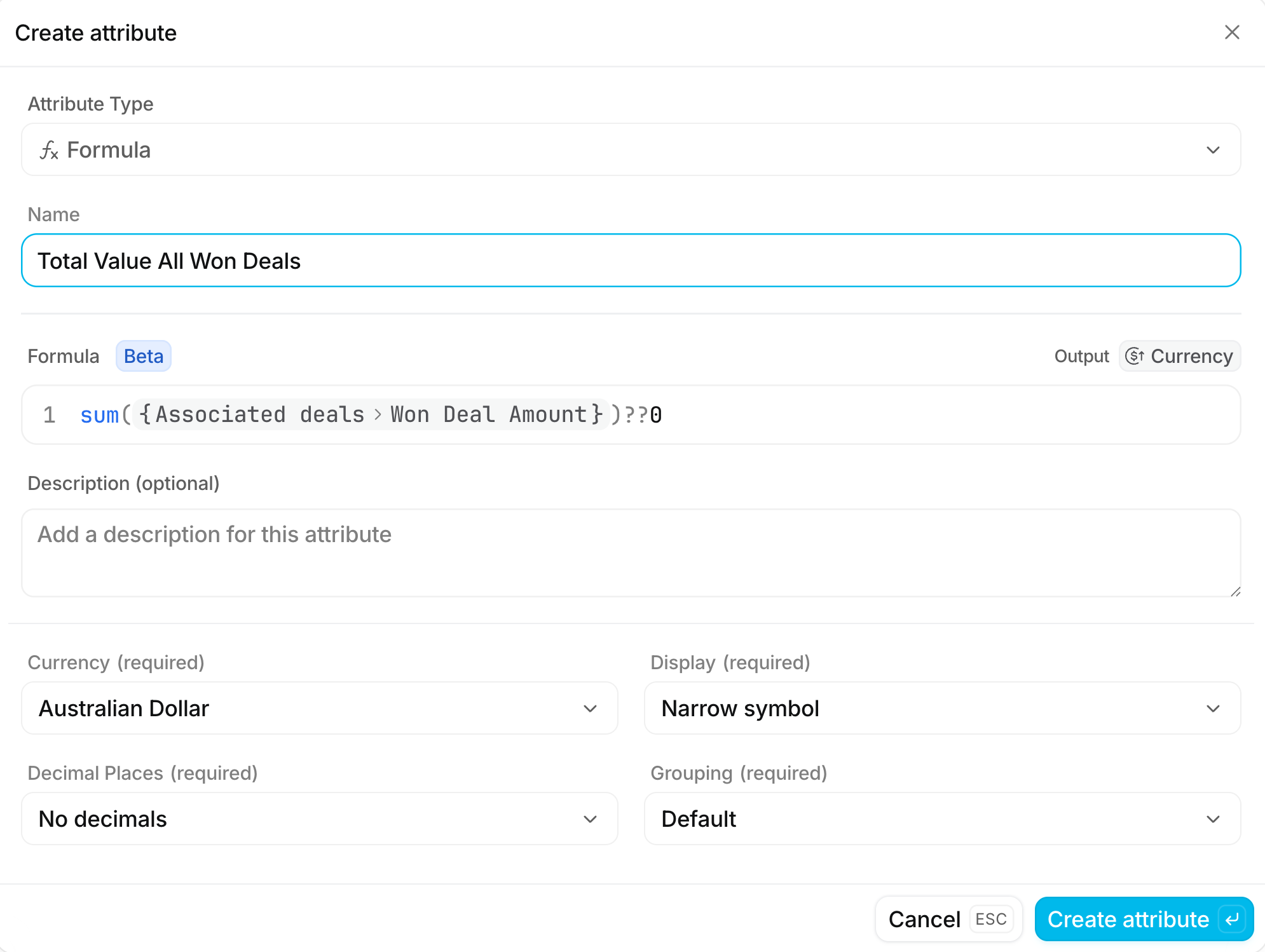Attio Create attribute dialog showing a rollup formula named Total Value All Won Deals using sum across associated deals with a null coalescing fallback to zero