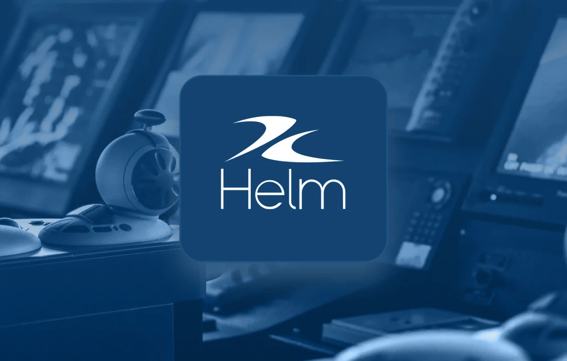 Logo for Helm in front of airplane cockpit instruments.