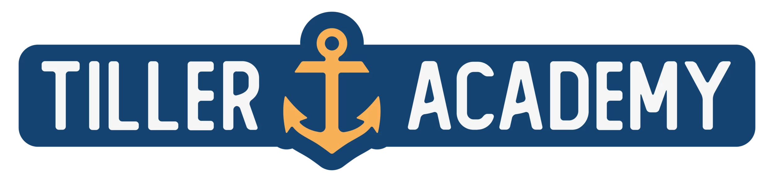 Tiller Academy logo with navy blue background, white text, and an orange anchor in the center.