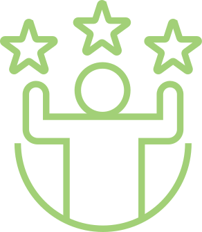 Outline of a person with raised arms surrounded by three stars above and a semicircular shape below.
