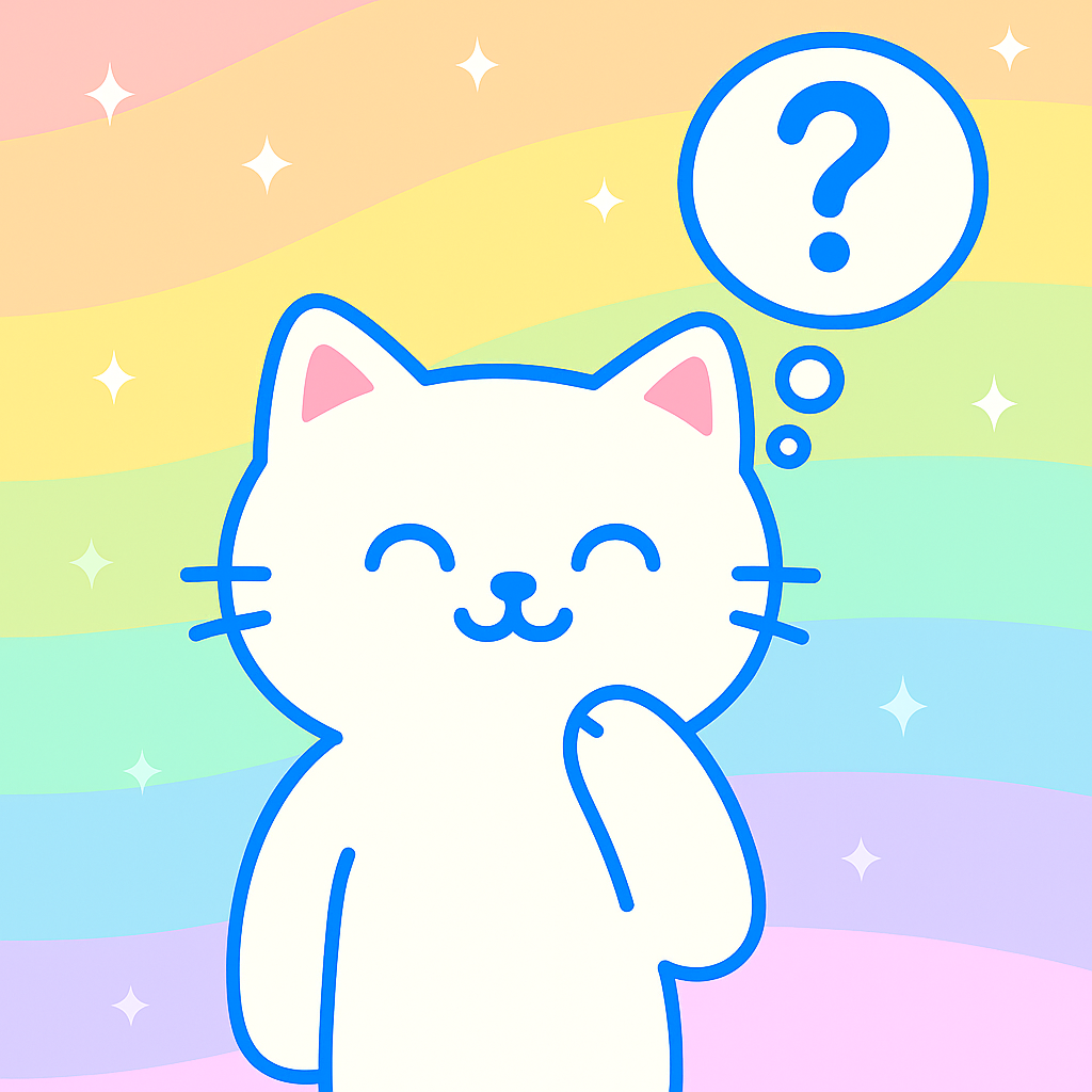 Cute cartoon cat on rainbow background with a question mark above their head to demonstrate thinking