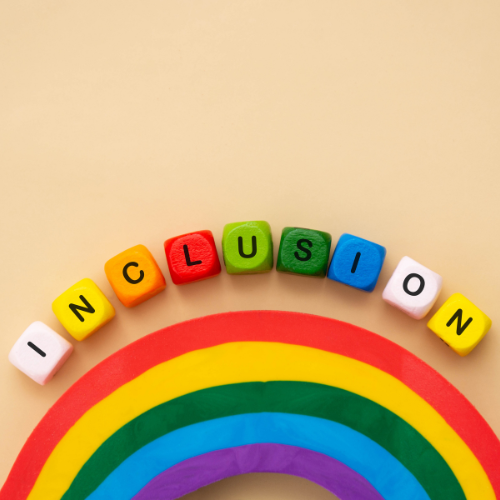 Colored cubes spelling "INCLUSION" arranged above a rainbow craft on a light background.