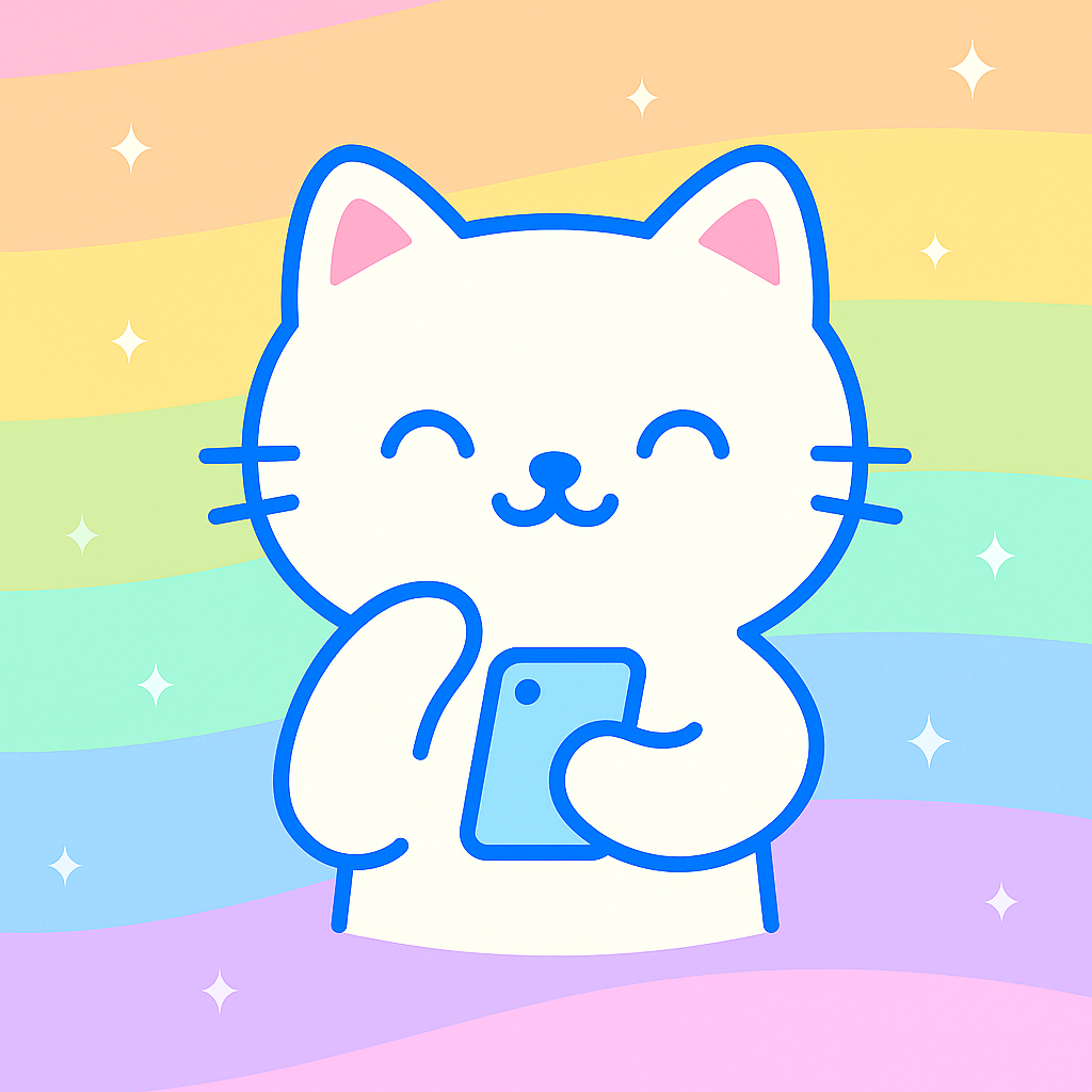 Cute caroon cat on rainbow background using a mobile phone to receive a reminder for ADHD body doubling session.