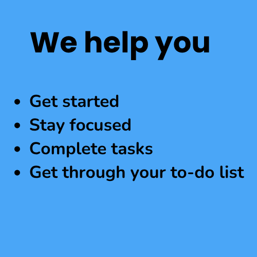 Blue background with black text listing four tips: Get started, Stay focused, Complete tasks, Get through your to-do list.