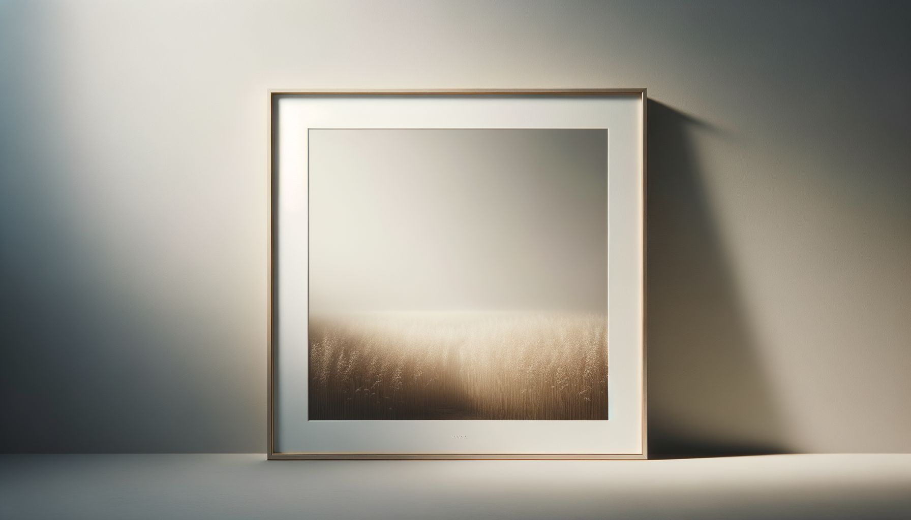 Framed photograph of a foggy field with tall grass leaning to one side, resting on a light-colored surface against a neutral wall.