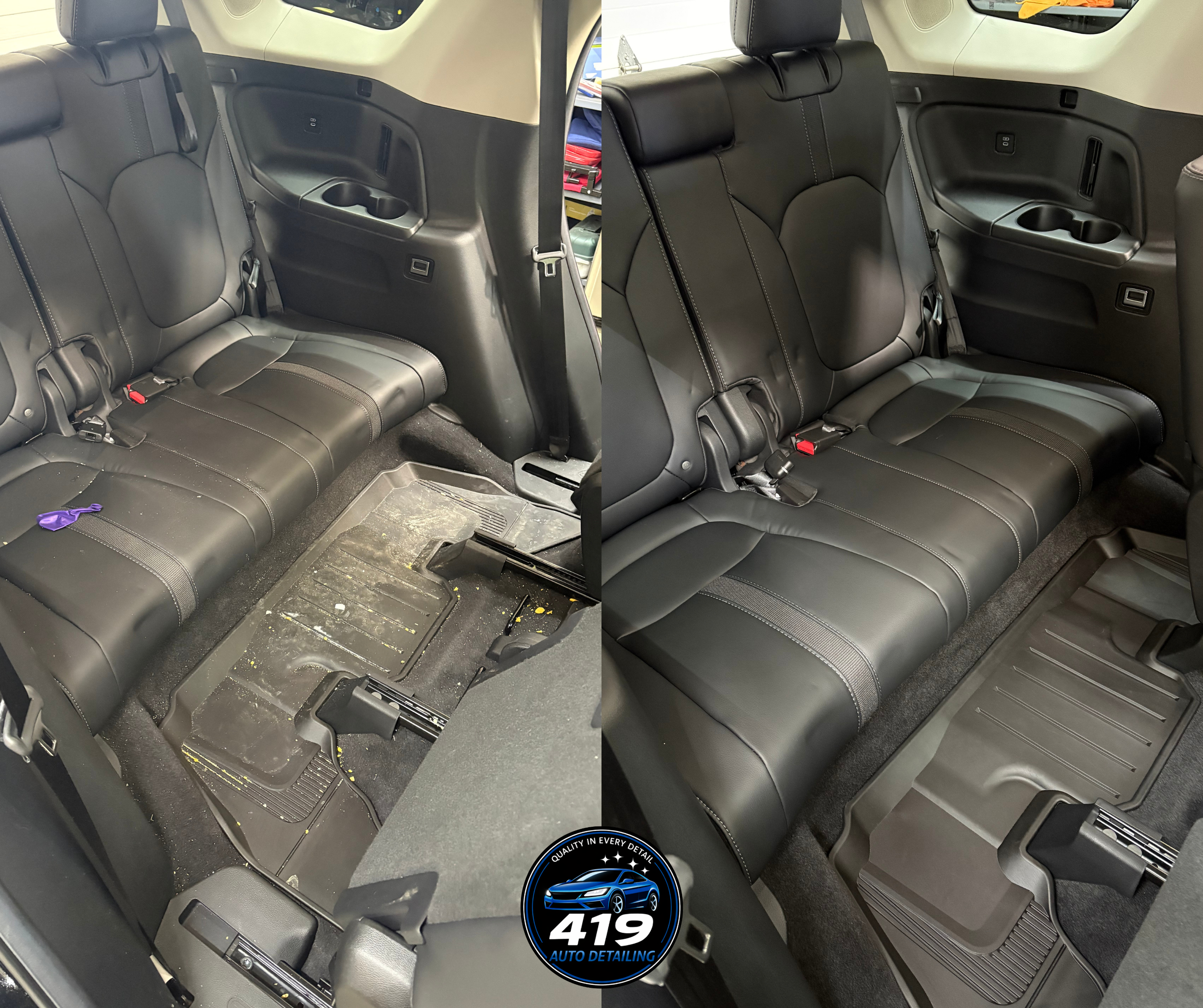 Comparison of vehicle rear seats before and after cleaning, showing a messy, dirty seat in the left image and a clean, polished seat in the right image, with an auto detailing logo at the bottom.