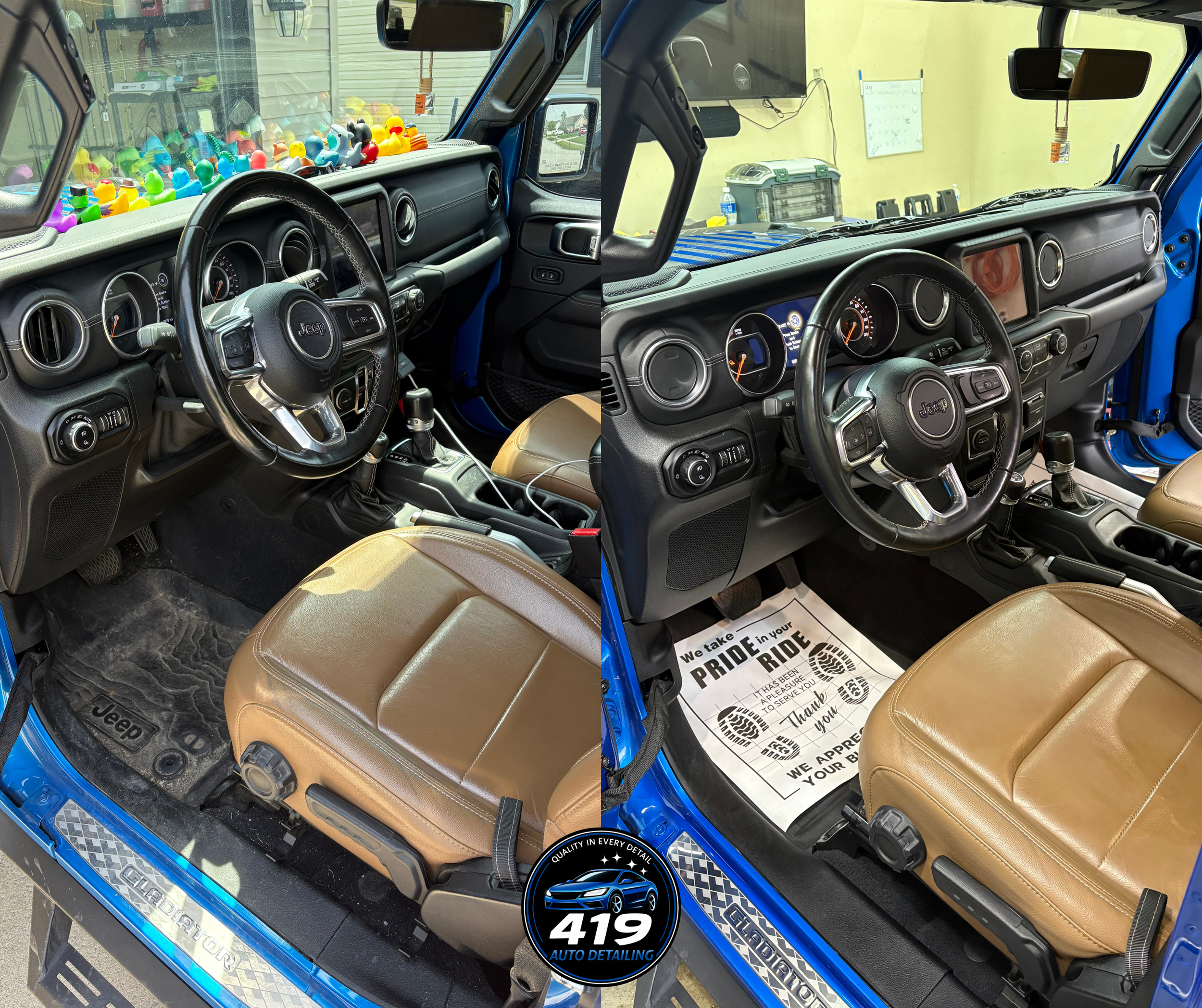The interior of a blue Jeep vehicle featuring tan leather seats, a dashboard with various controls, and a steering wheel with the Jeep logo. The dashboard displays two large round gauges. The front windshield is decorated with an array of rubber duck