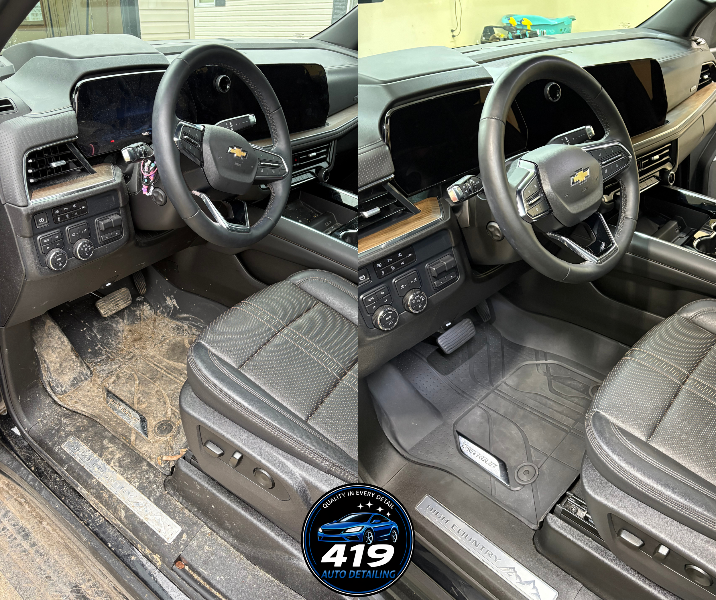 Comparison of the inside of a Chevrolet Silverado vehicle before and after cleaning, showing cleaner and dirtier driver side floor mats, dashboard, and steering wheel.