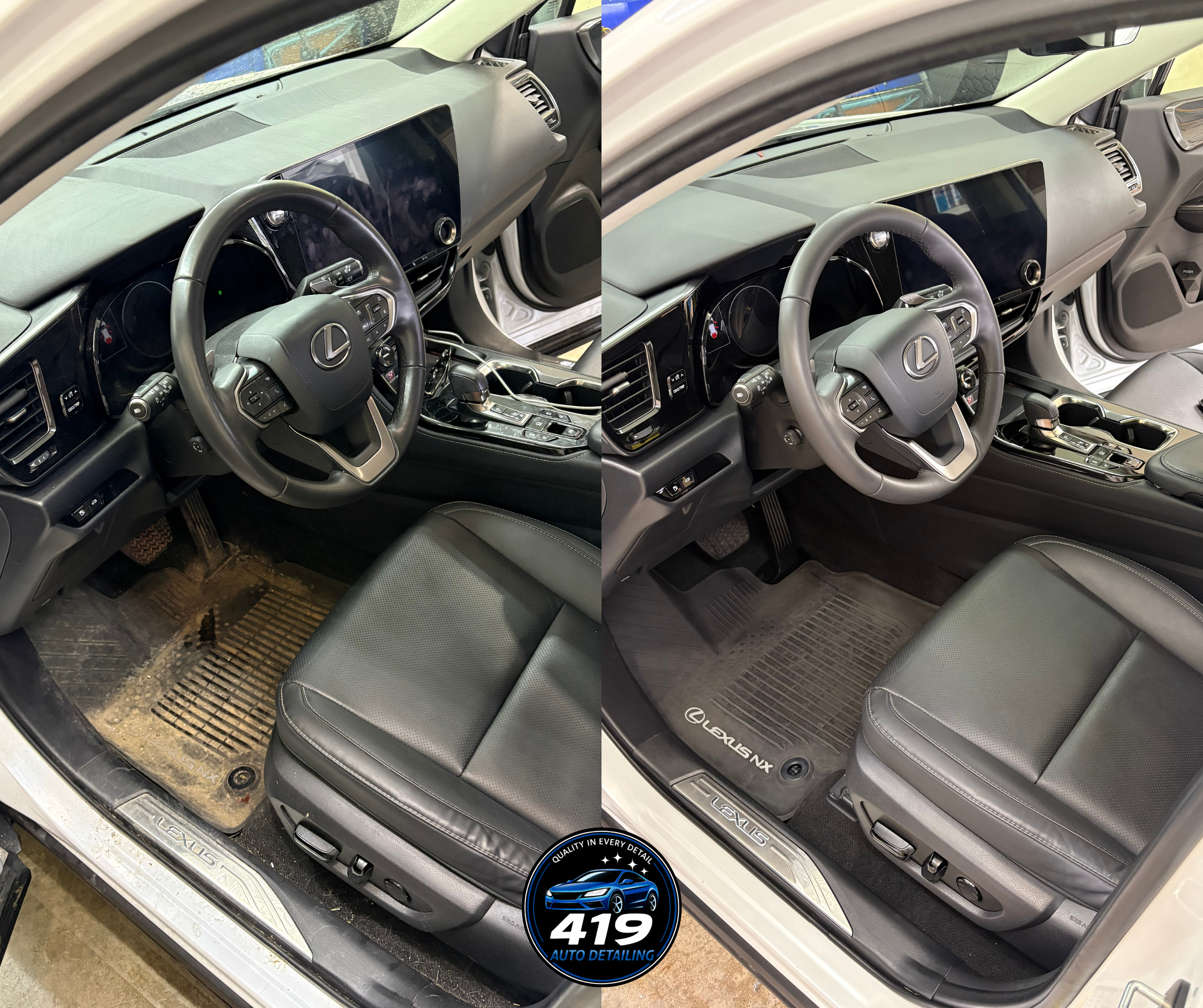 Interior of a gray Lexus vehicle with a focus on the dashboard and front seats, showing signs of dirt and mud on the floor mats.